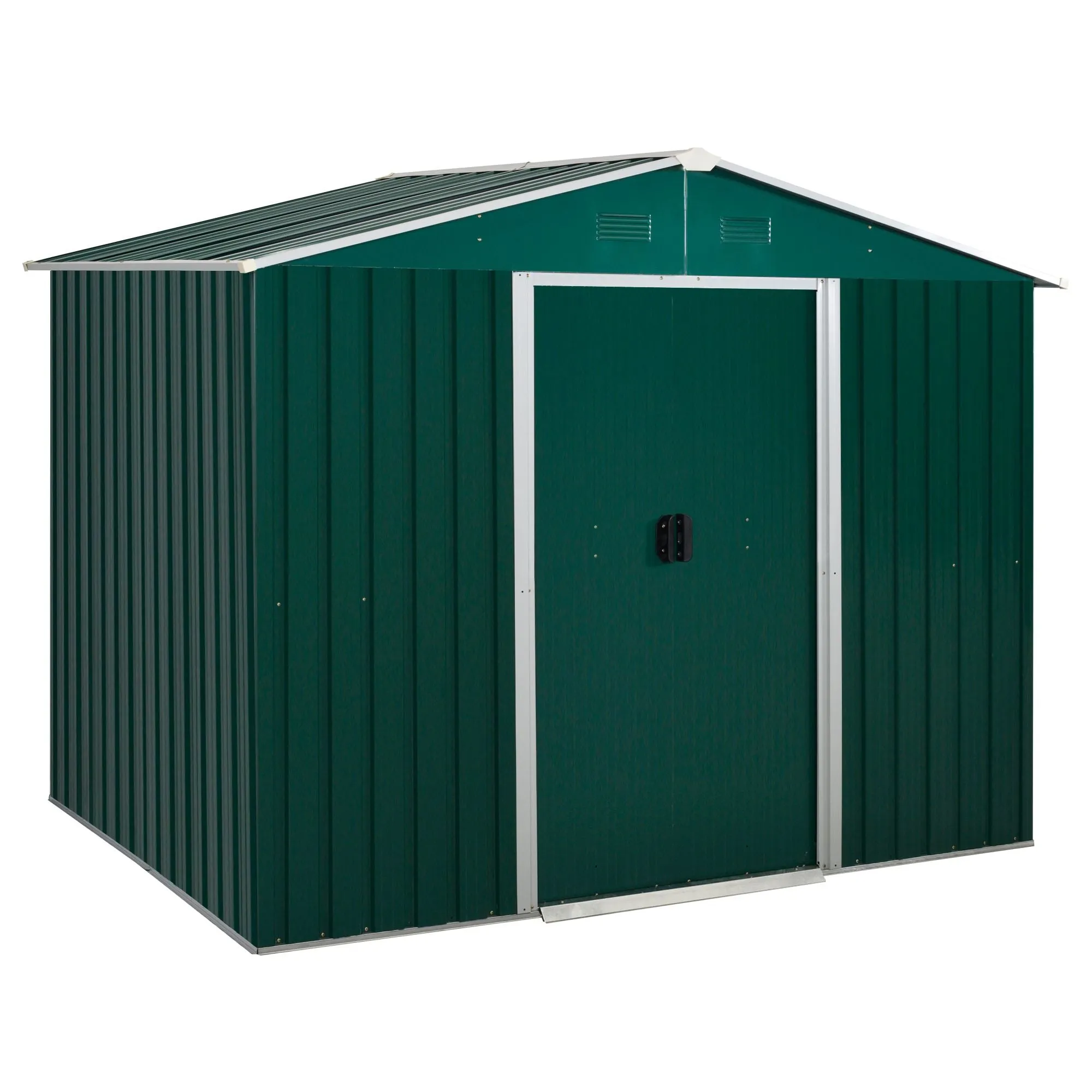 8 x 6 ft Metal Garden Storage Shed Corrugated Steel Roofed Tool Box with Ventilation and Sliding Doors, Green