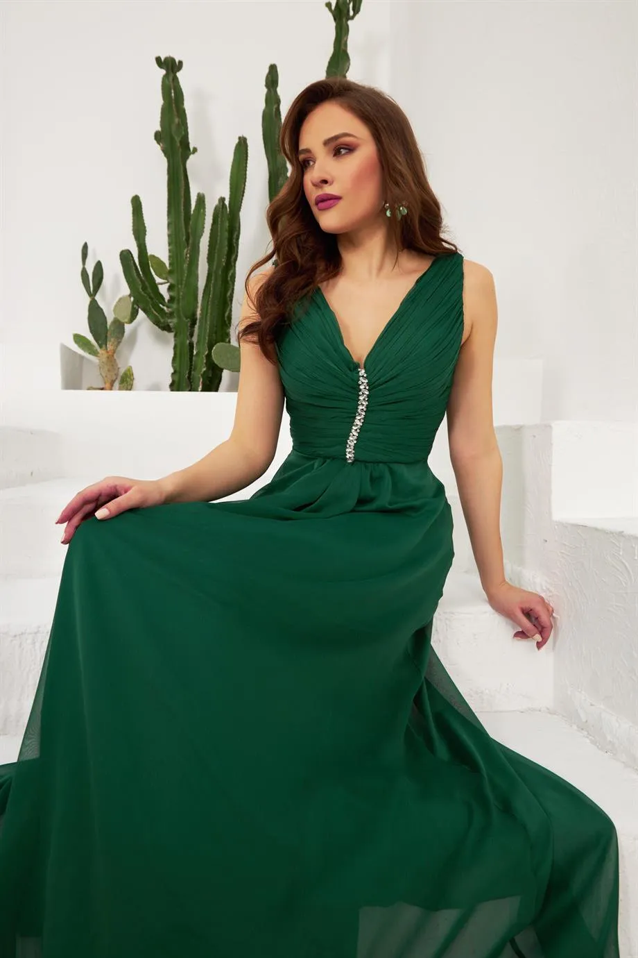 Angelino Emerald Chiffon Collar Long Evening Dress and Invitation Dress