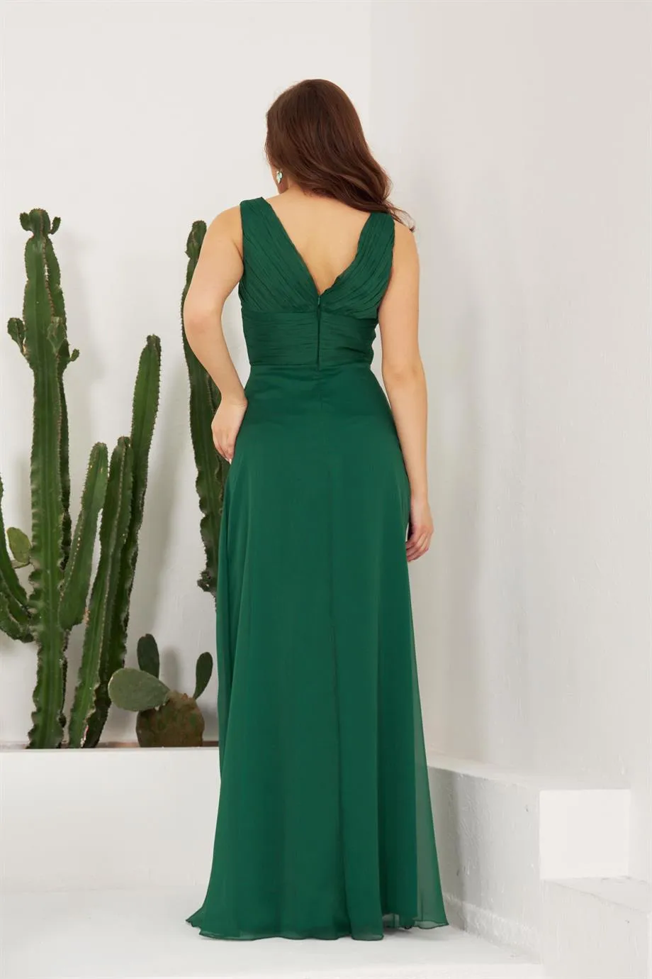 Angelino Emerald Chiffon Collar Long Evening Dress and Invitation Dress