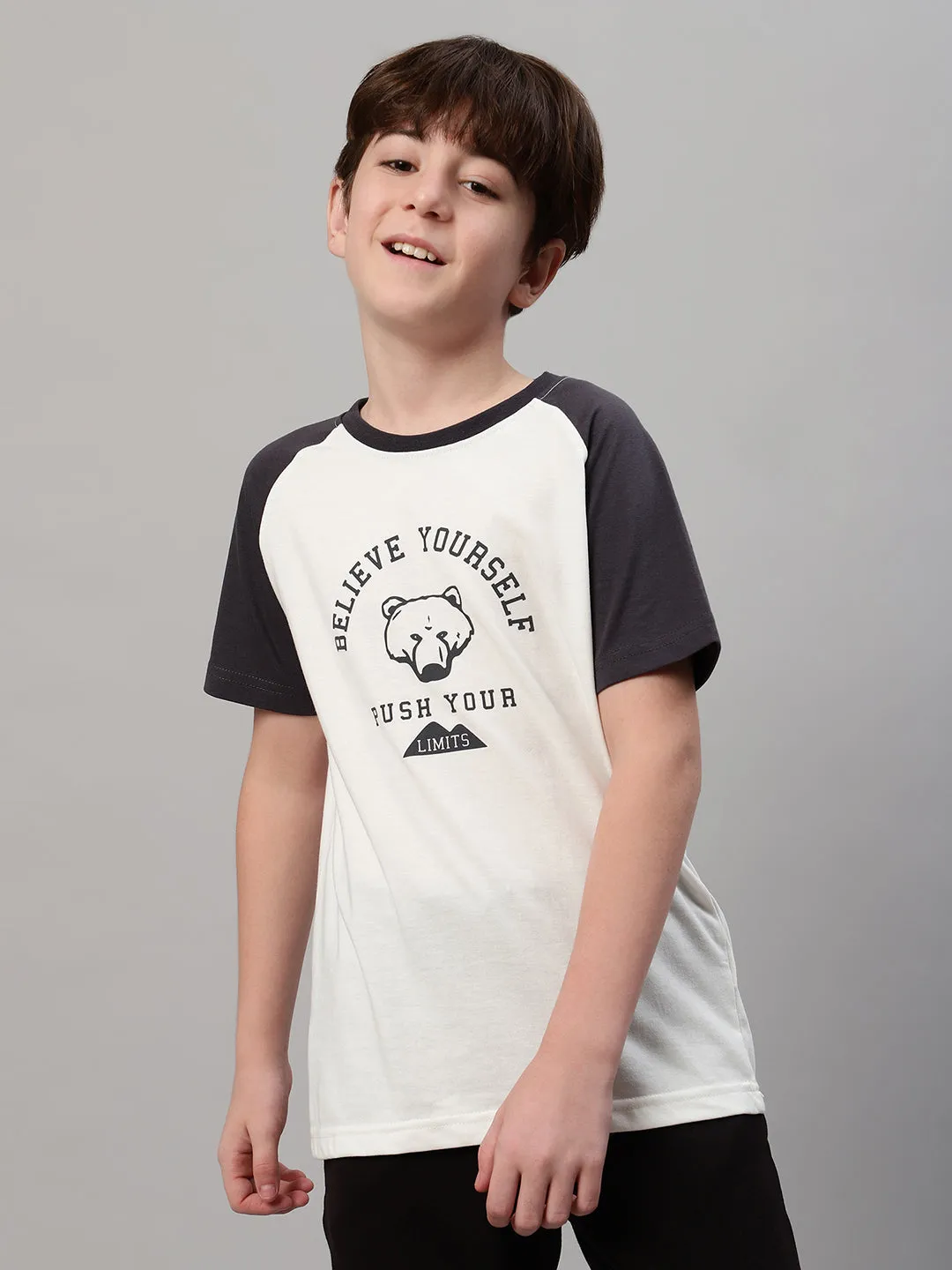 Boys Casual White Raglan Contrast Half Sleeve  T-Shirt