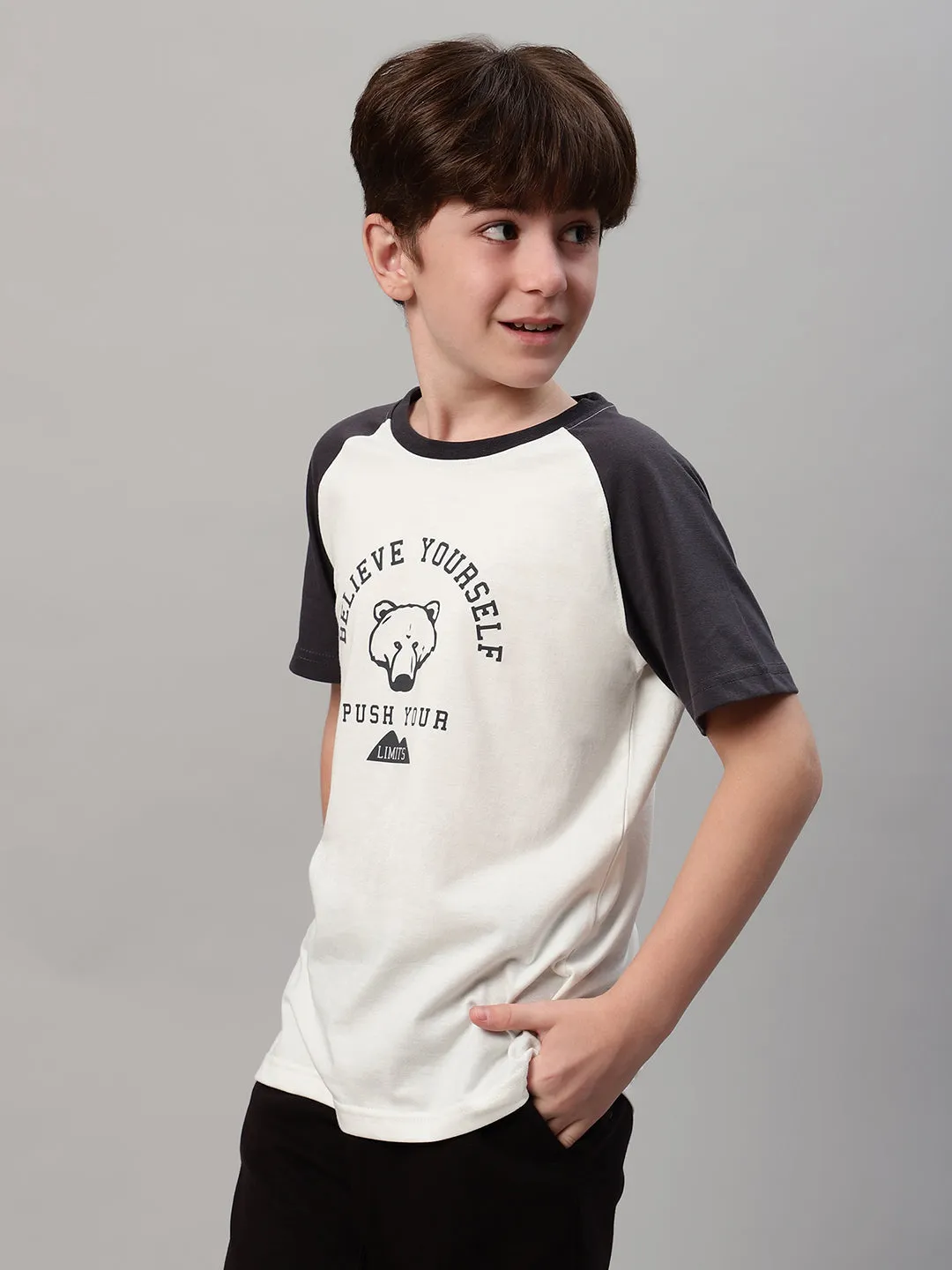 Boys Casual White Raglan Contrast Half Sleeve  T-Shirt