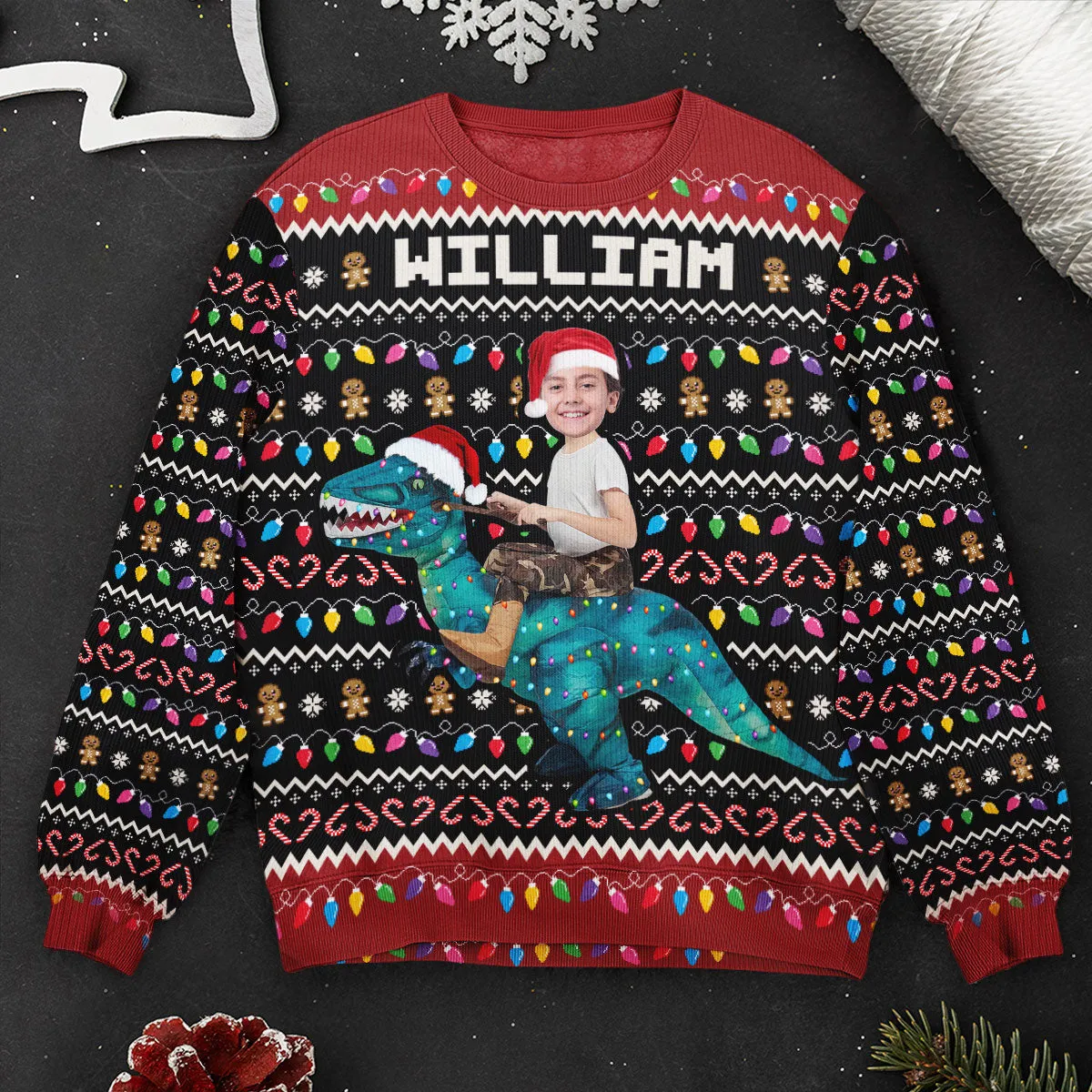 Custom Face Photo Dinosaur, Flamingo - Personalized Photo Kid's Ugly Sweater