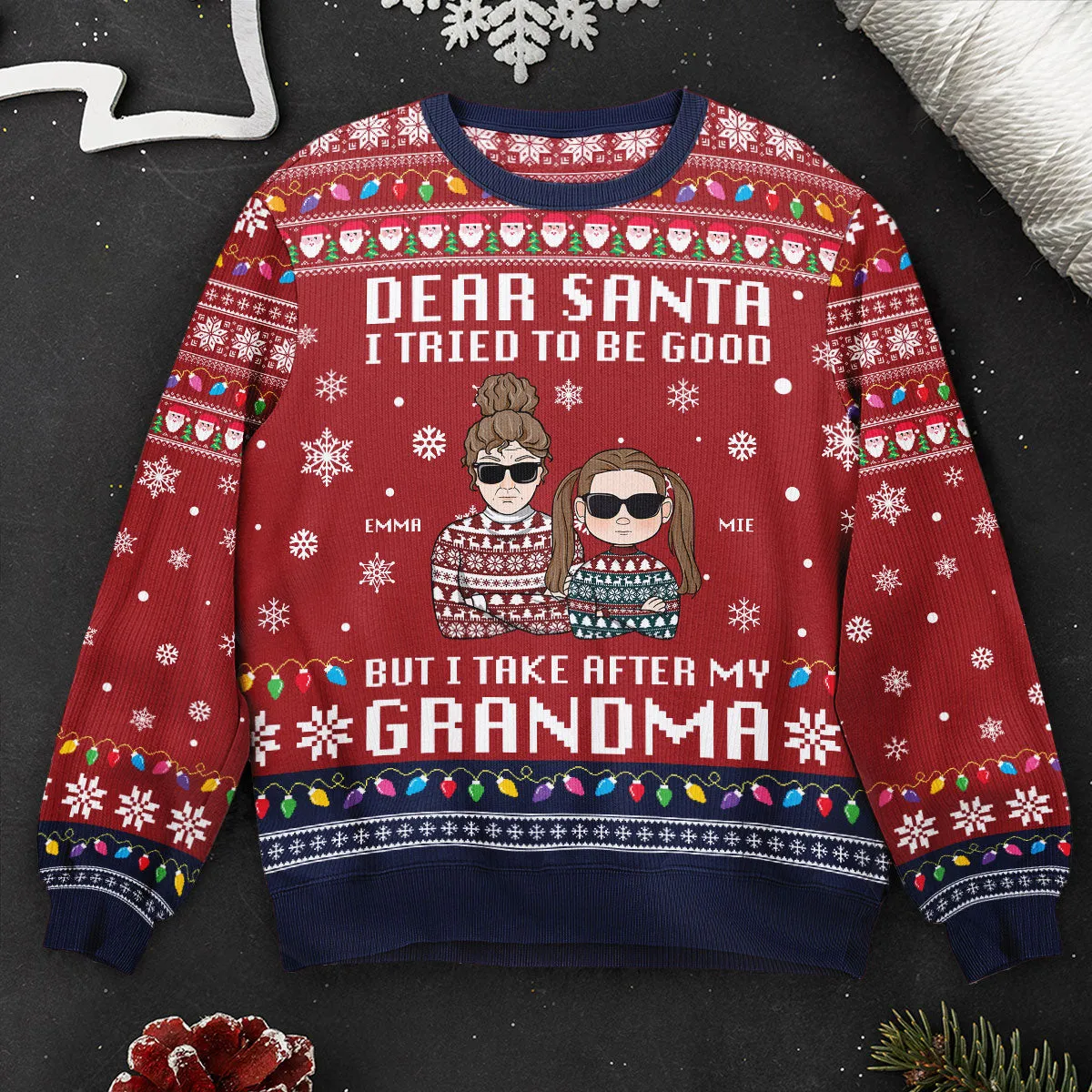 Dear Santa, I Tried To Be Good But I Take After Grandma Mom Dad - Personalized Kid's Ugly Sweater