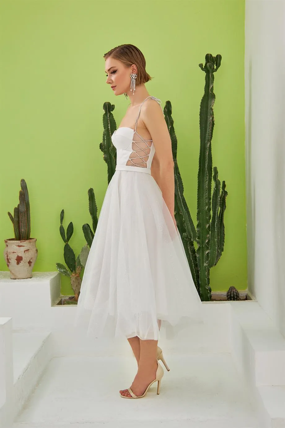 Ecru Tulle Strap Princess Midi Promise and Wedding Dress