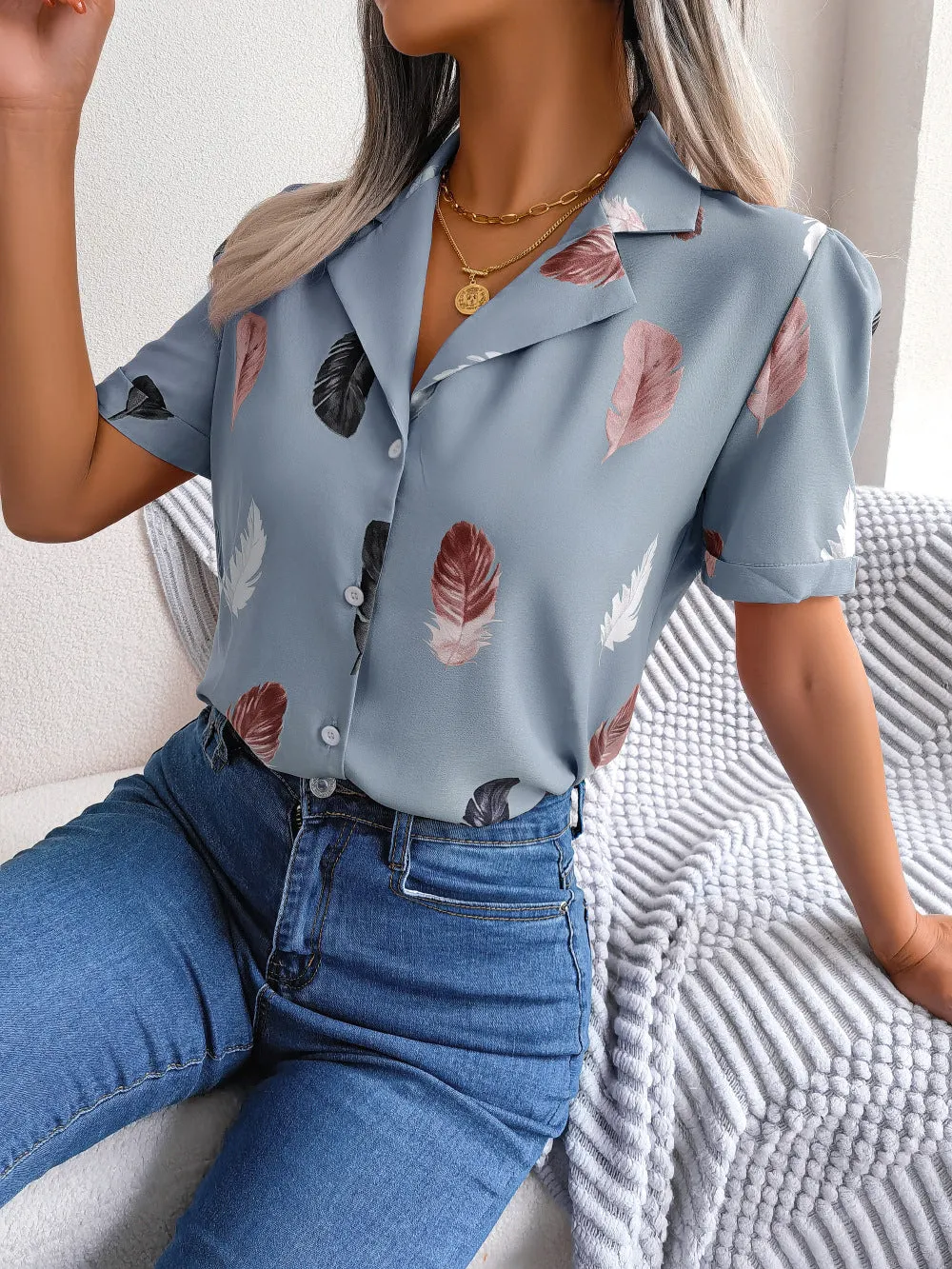 Feather Print Lapel Collar Puff Sleeve Shirt