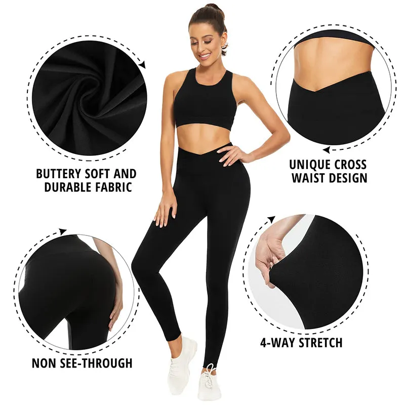 Fullsoft Womens Cross Waist Leggings High Waisted Yoga Pants Black