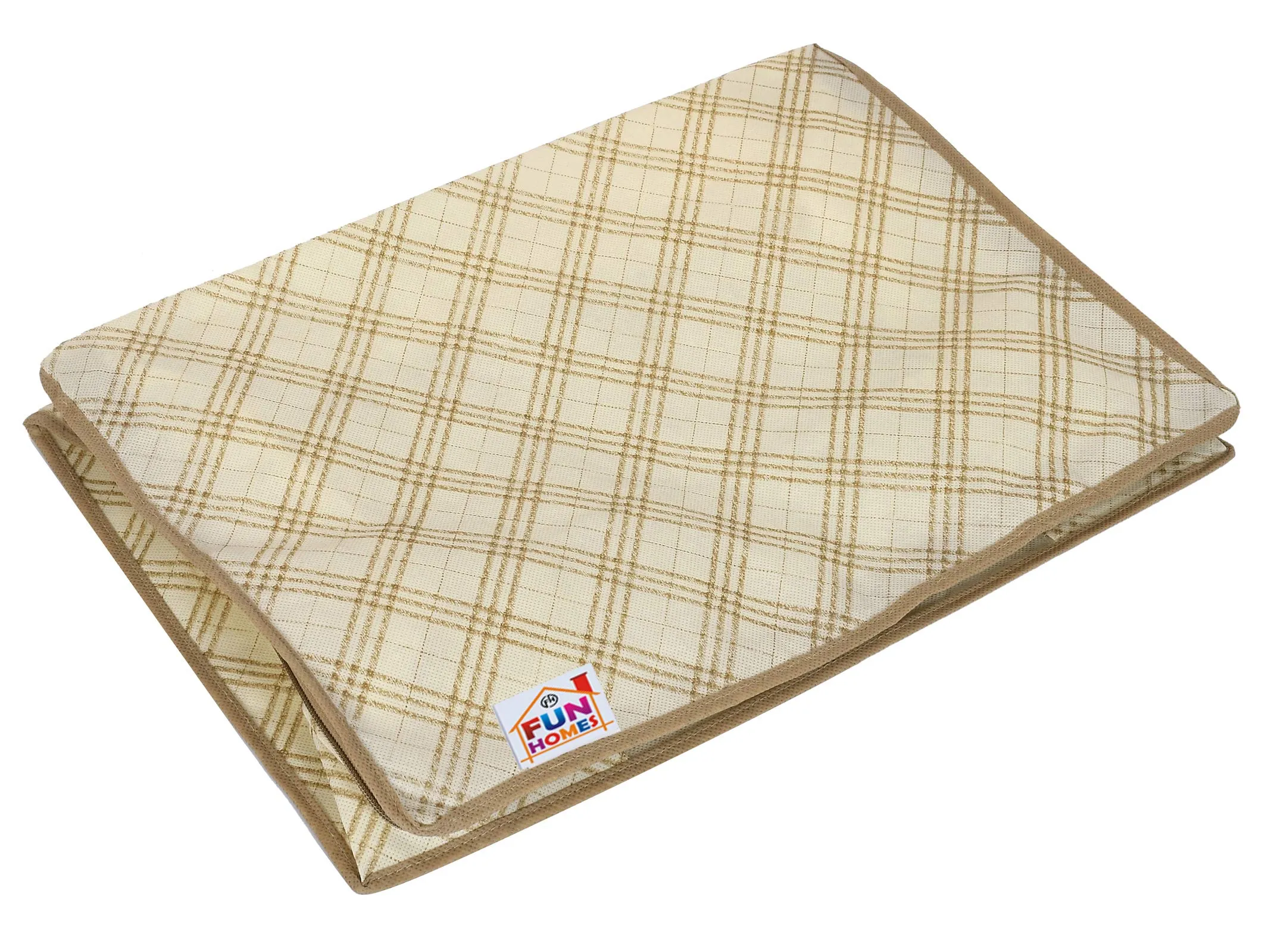 Fun Homes Metalic Checkered Print Non Woven 3 Pieces Underbed Storage Bag,Cloth Organiser,Blanket Cover with Transparent Window (Ivory)-FUHHNH16585