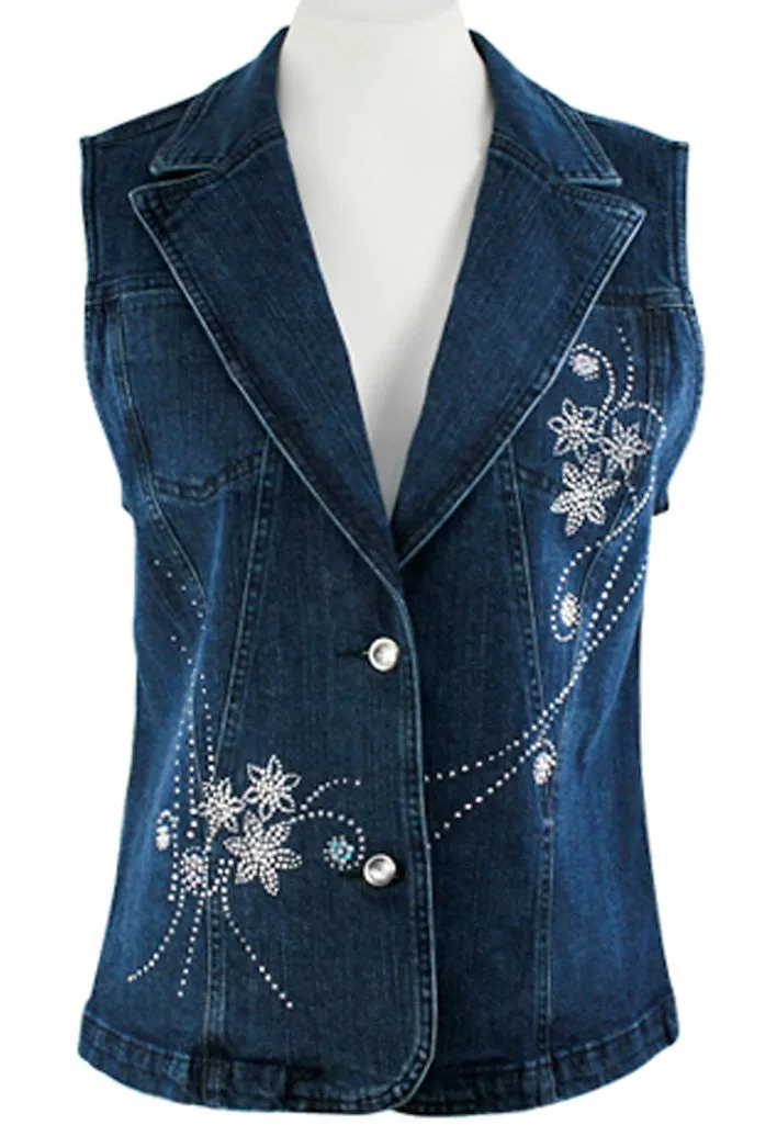 Katina Marie Sleeveless Rhinestone Floral Pockets Button Front Dark Denim Vest