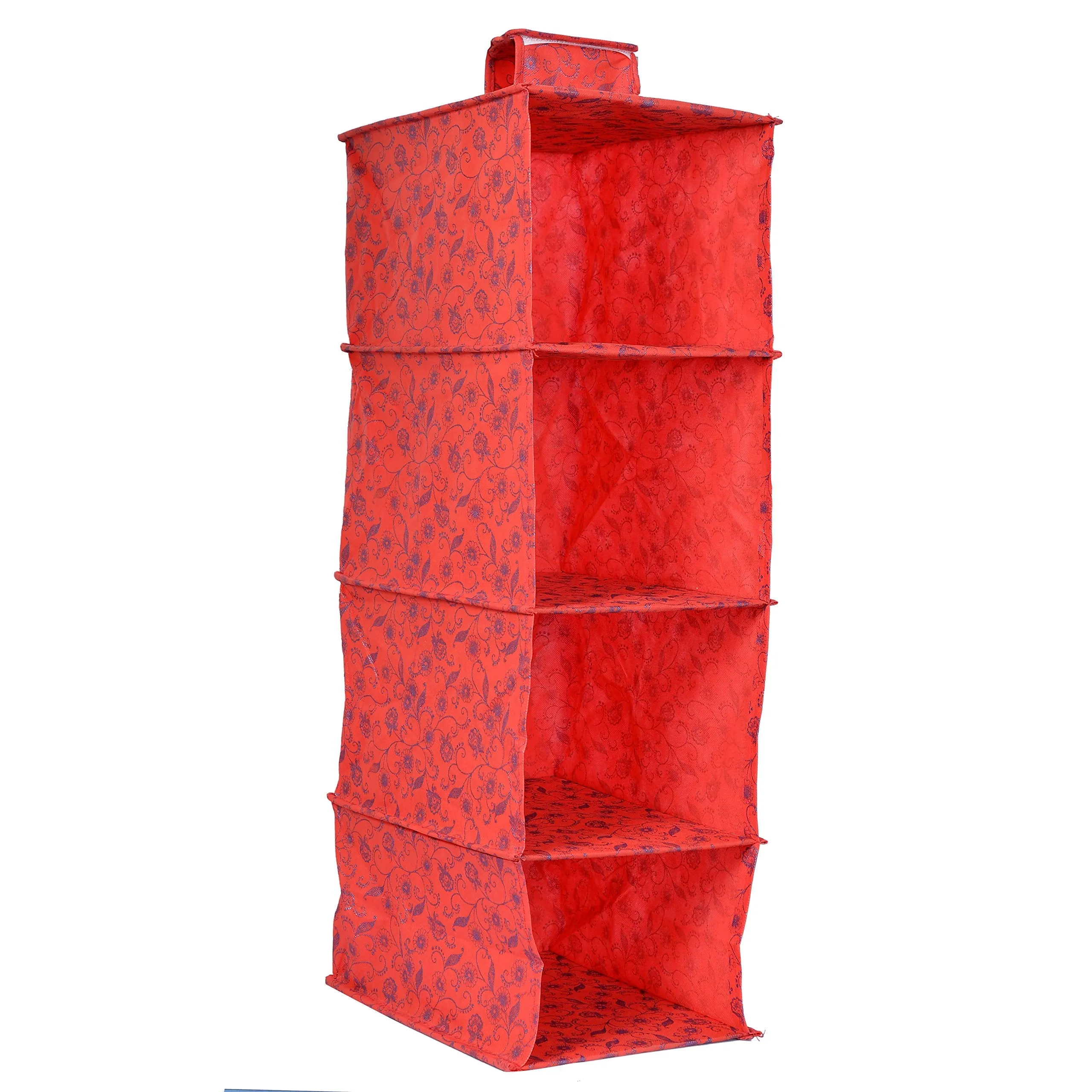 Kuber Industries Metalic Floral Print Non Woven Hanging 4 Shelves Foldable Wardrobe/Closet Cloth Organizer (Red)-KUBMART1165