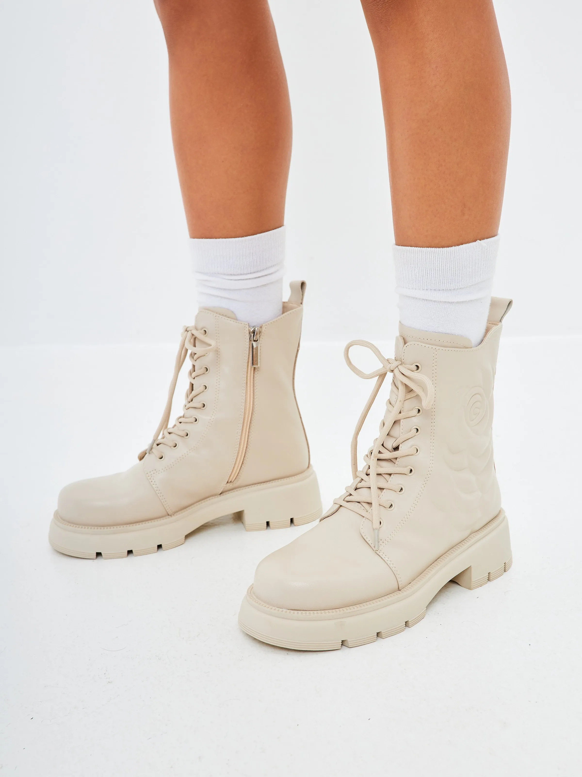 Leather Platform Ankle Boots - Ivory