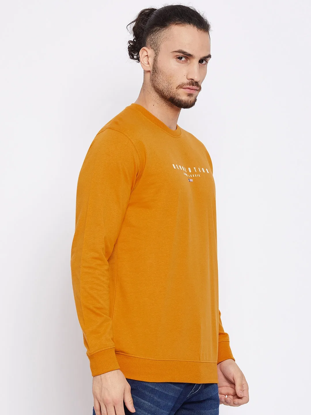 Men Round Neck Full Sleeves Mustard Casual Sweatshirt