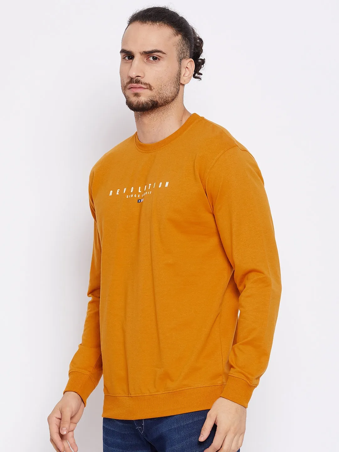 Men Round Neck Full Sleeves Mustard Casual Sweatshirt