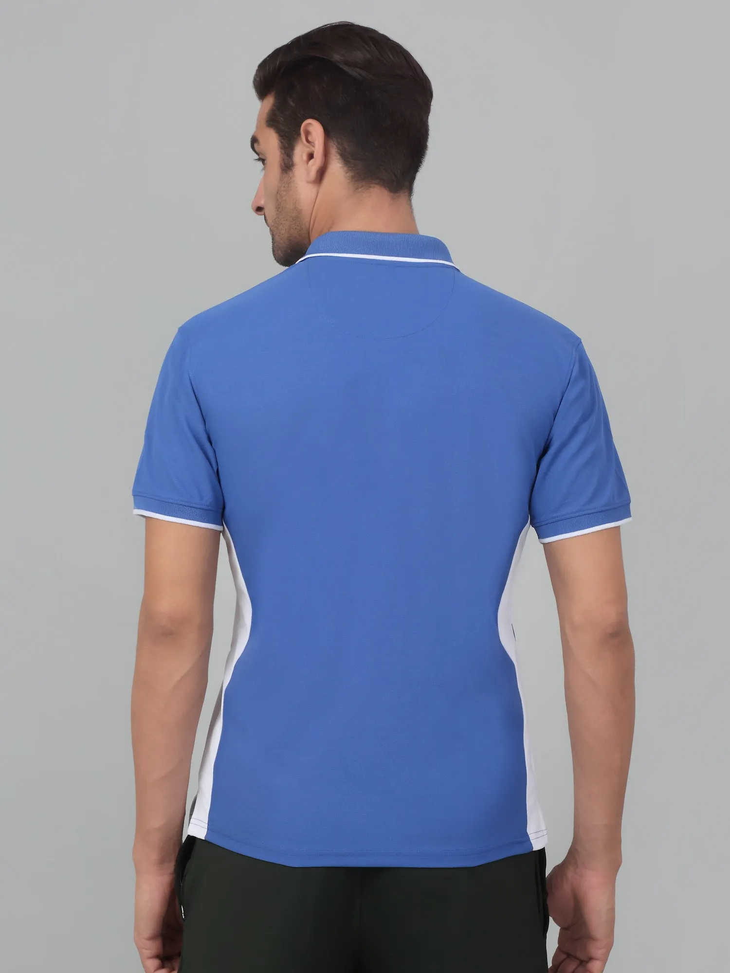 Men's Admiral Blue Color block Polo neck Half Sleeve T-Shirt With Contrast side Panel