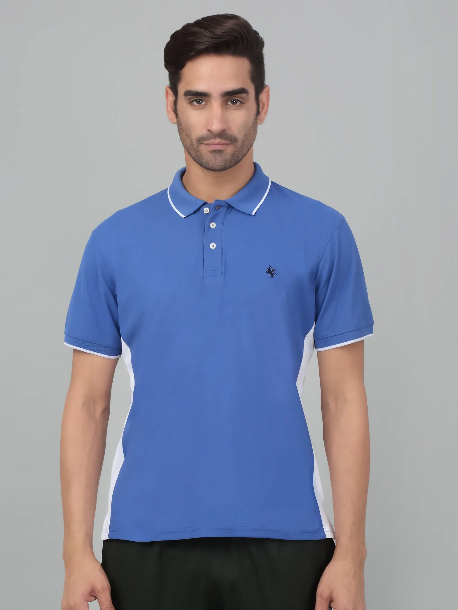 Men's Admiral Blue Color block Polo neck Half Sleeve T-Shirt With Contrast side Panel