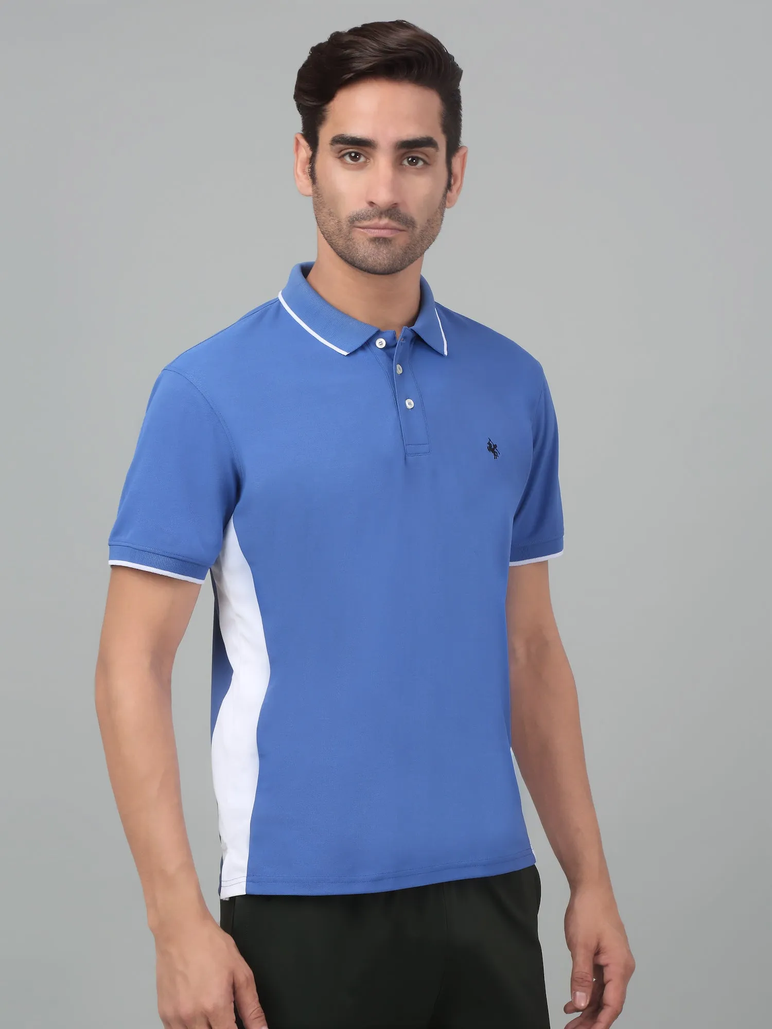 Men's Admiral Blue Color block Polo neck Half Sleeve T-Shirt With Contrast side Panel