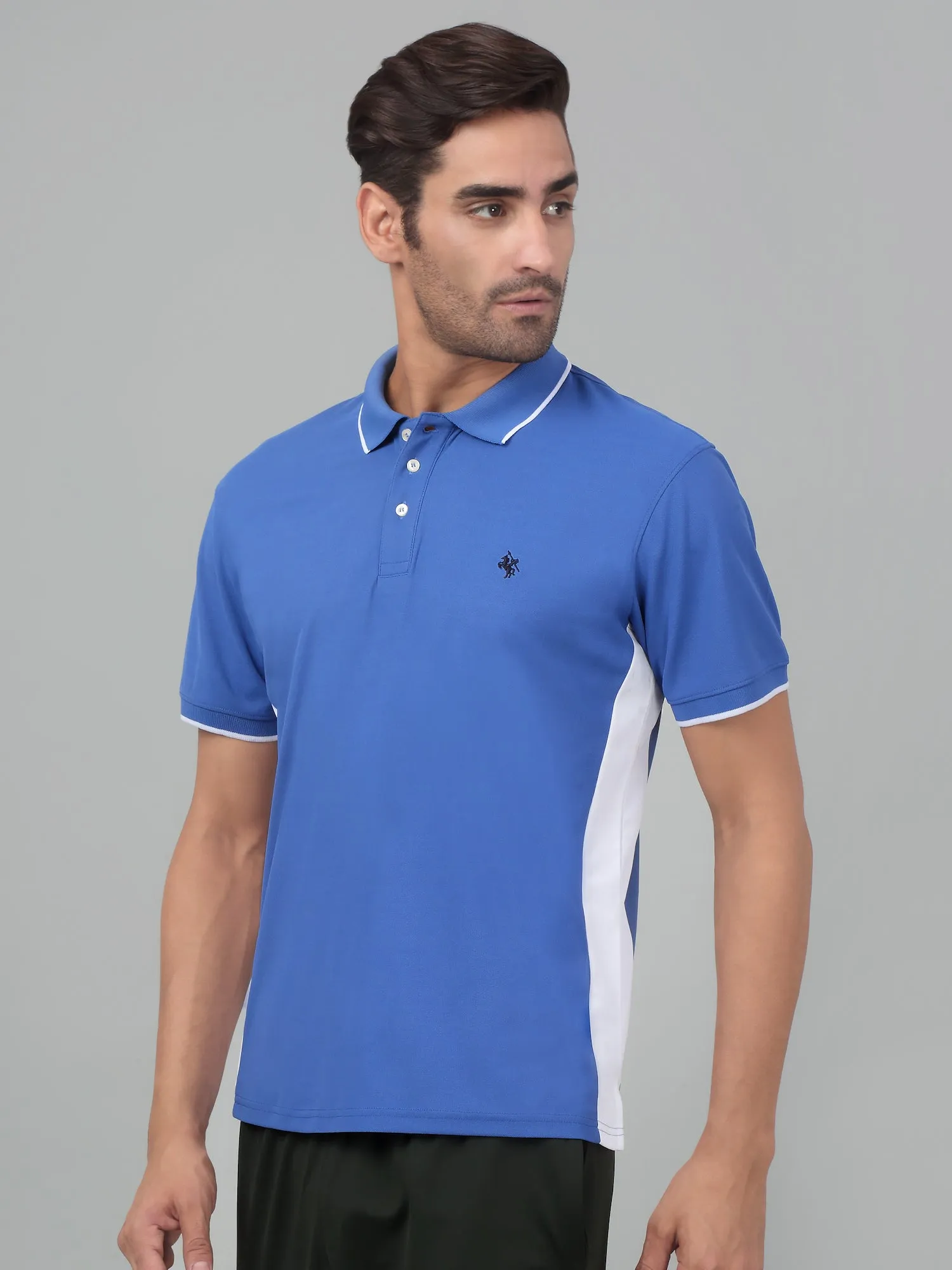 Men's Admiral Blue Color block Polo neck Half Sleeve T-Shirt With Contrast side Panel