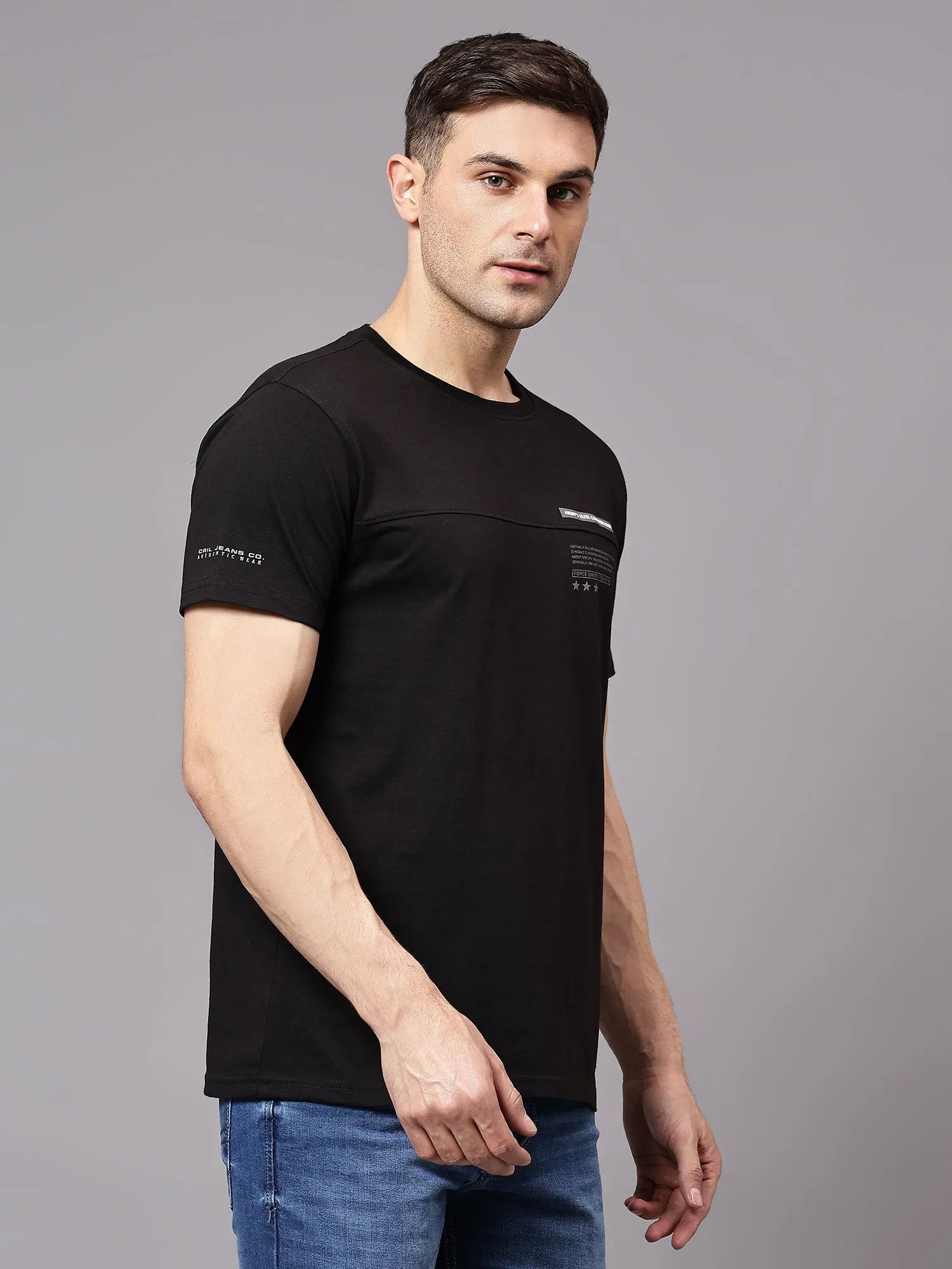 Men's Black  Round neck Half Sleeve T-Shirt with cut & sew and Chest print