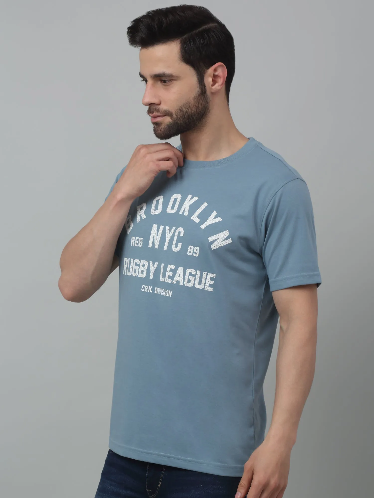 Men's Bluish Grey Round neck Half Sleeve T-Shirt with Typographic print