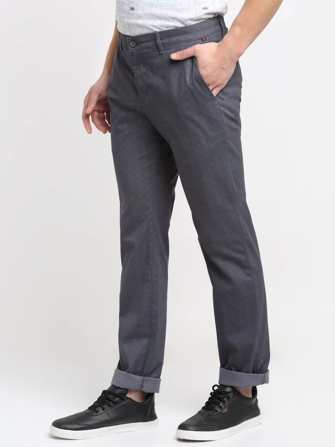 Men's Casual Flat front Grey Checks Trousers