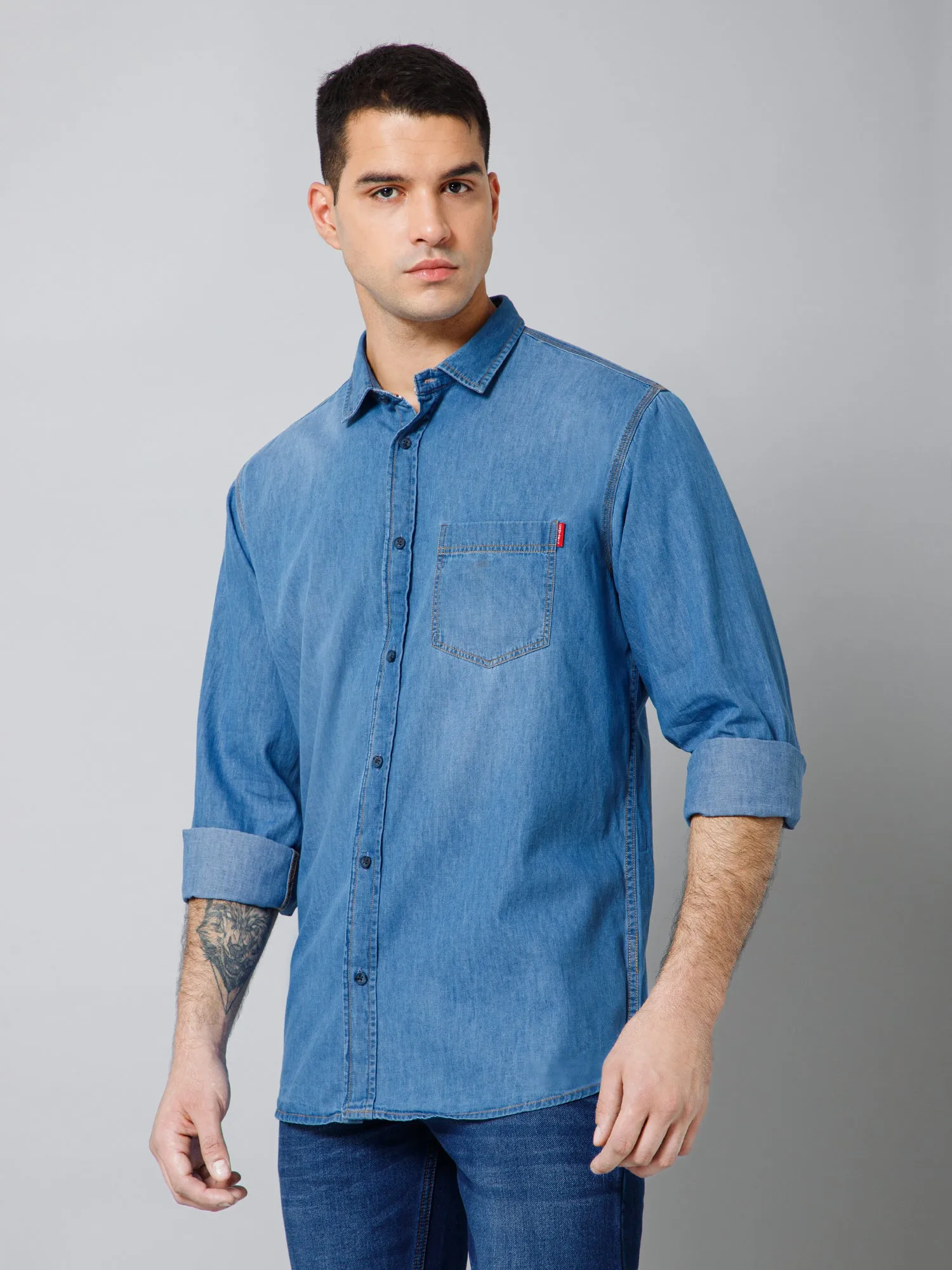 Men's Denim Blue Casual Plain Full Sleeve Shirt