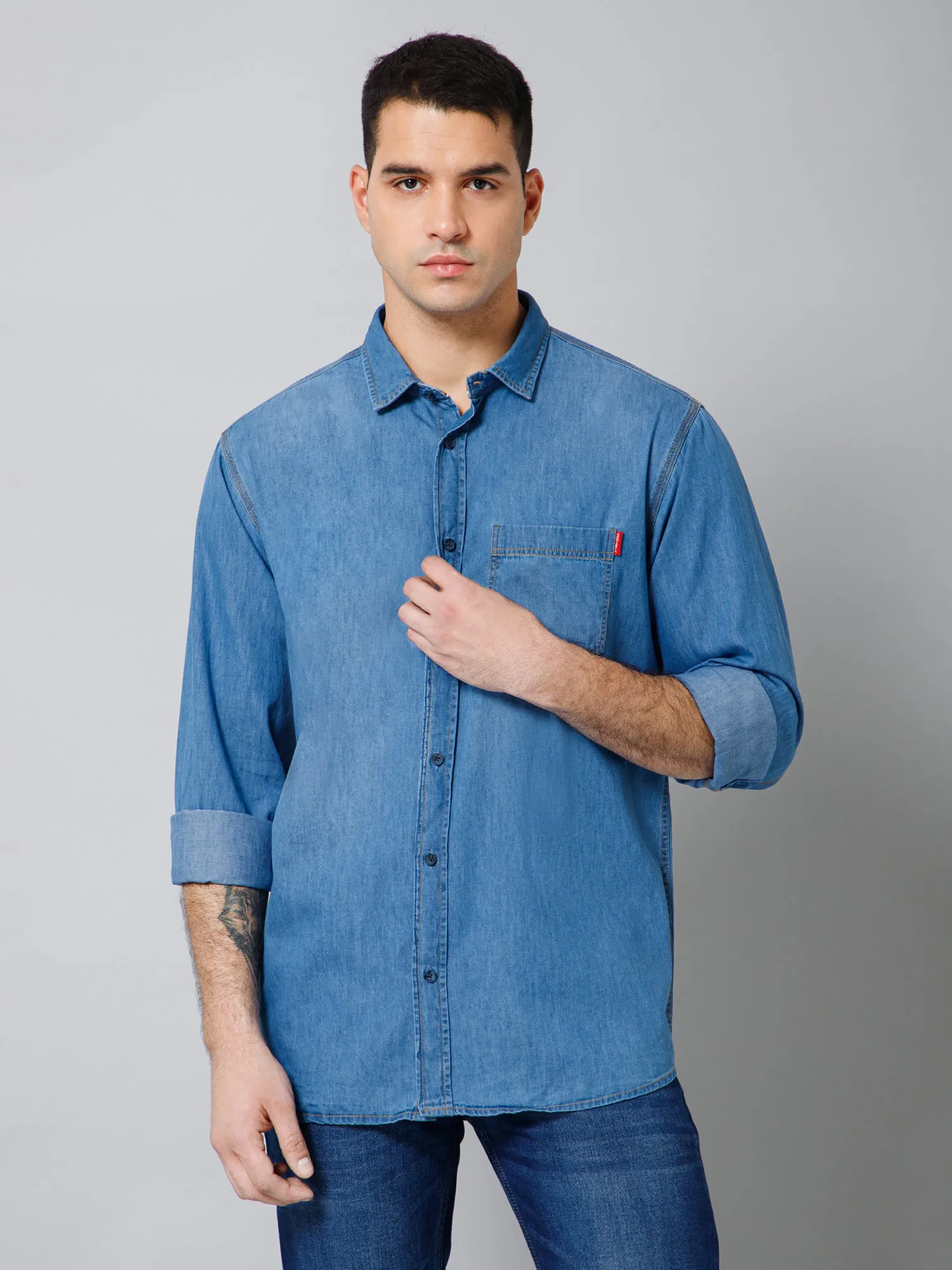 Men's Denim Blue Casual Plain Full Sleeve Shirt