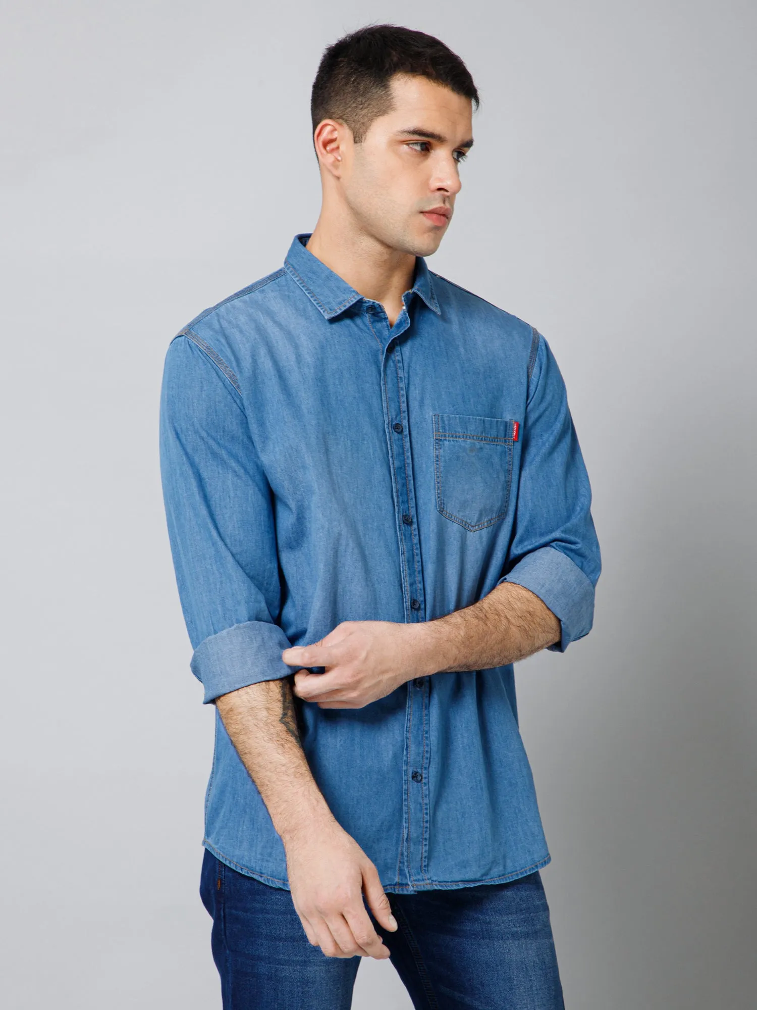 Men's Denim Blue Casual Plain Full Sleeve Shirt