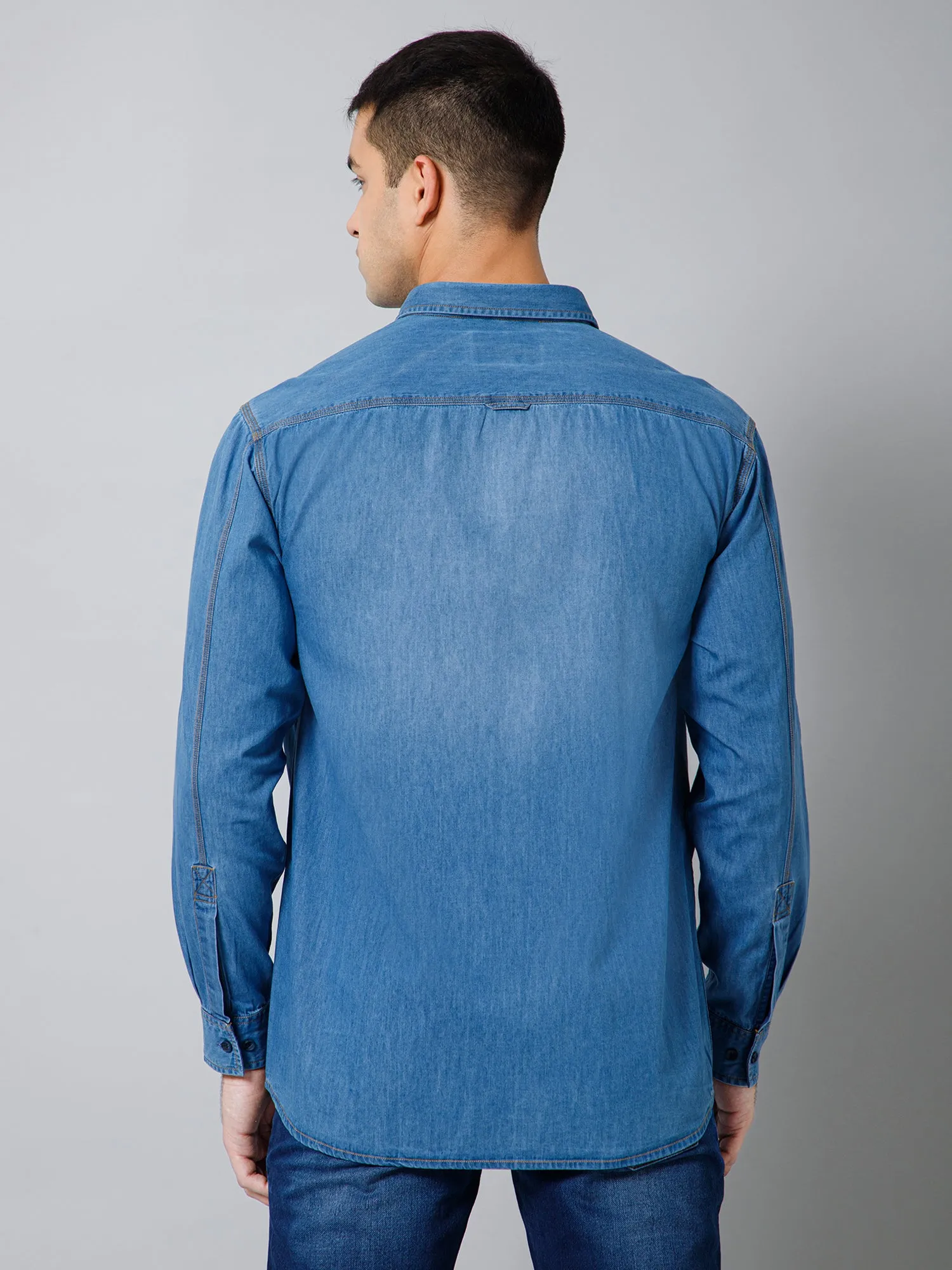 Men's Denim Blue Casual Plain Full Sleeve Shirt