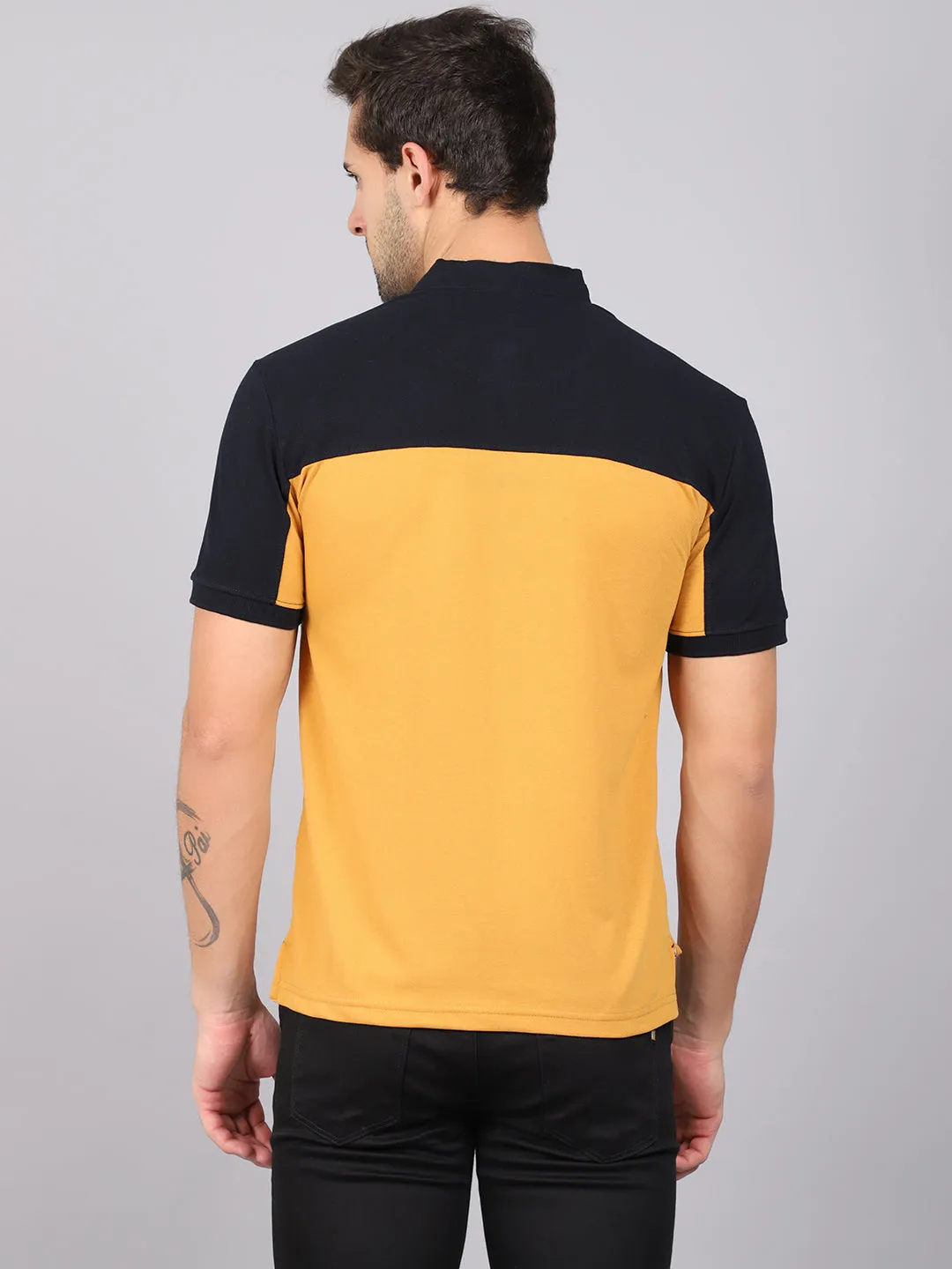 Men's Mustard Color block Mandarin neck Half Sleeve T-Shirt