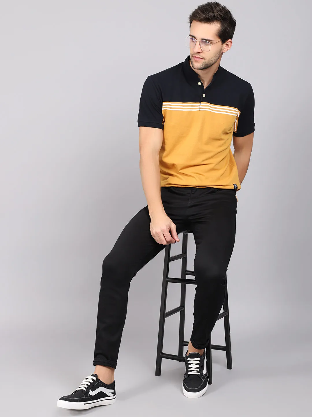 Men's Mustard Color block Mandarin neck Half Sleeve T-Shirt