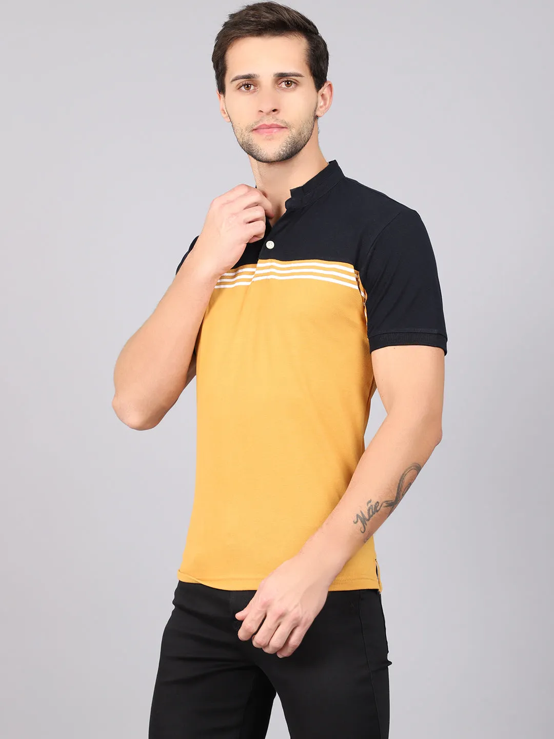 Men's Mustard Color block Mandarin neck Half Sleeve T-Shirt