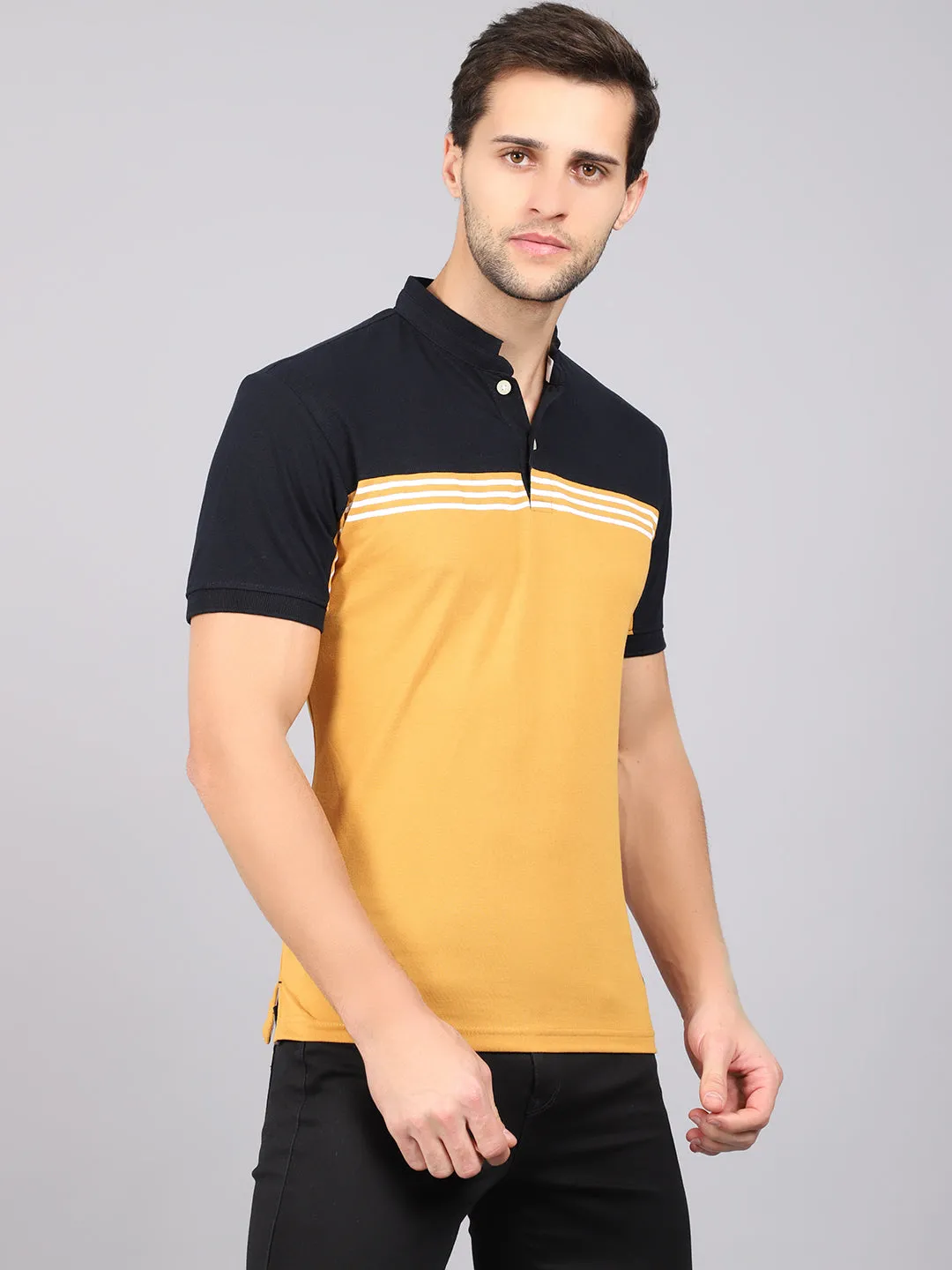 Men's Mustard Color block Mandarin neck Half Sleeve T-Shirt