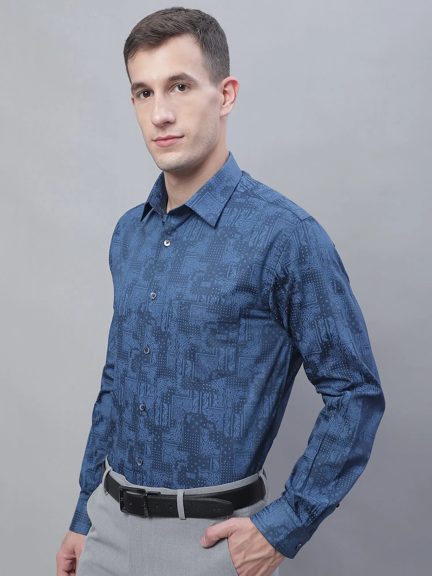 Men's Navy Blue Party Abstract Print Full Sleeve Shirt