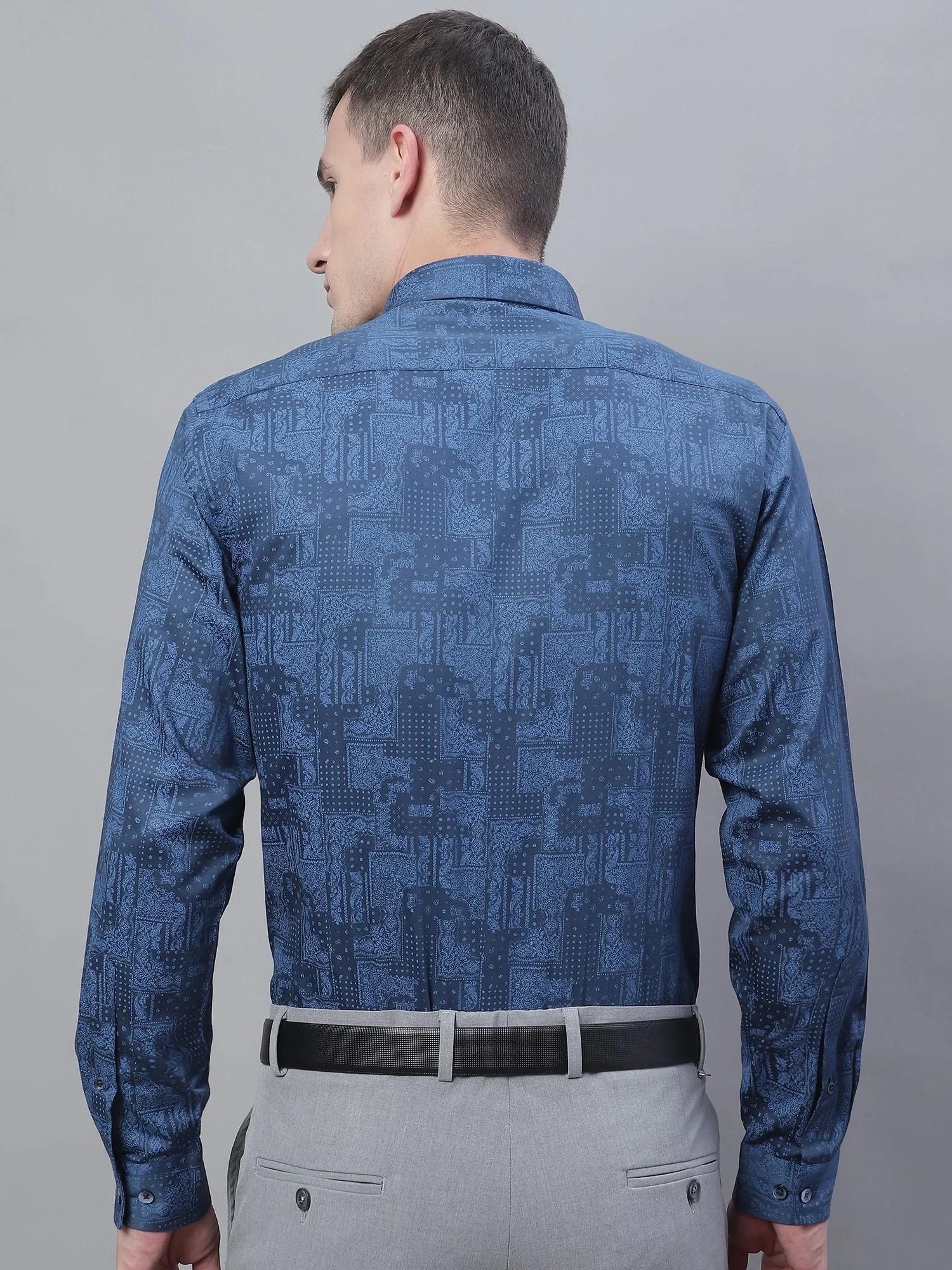 Men's Navy Blue Party Abstract Print Full Sleeve Shirt