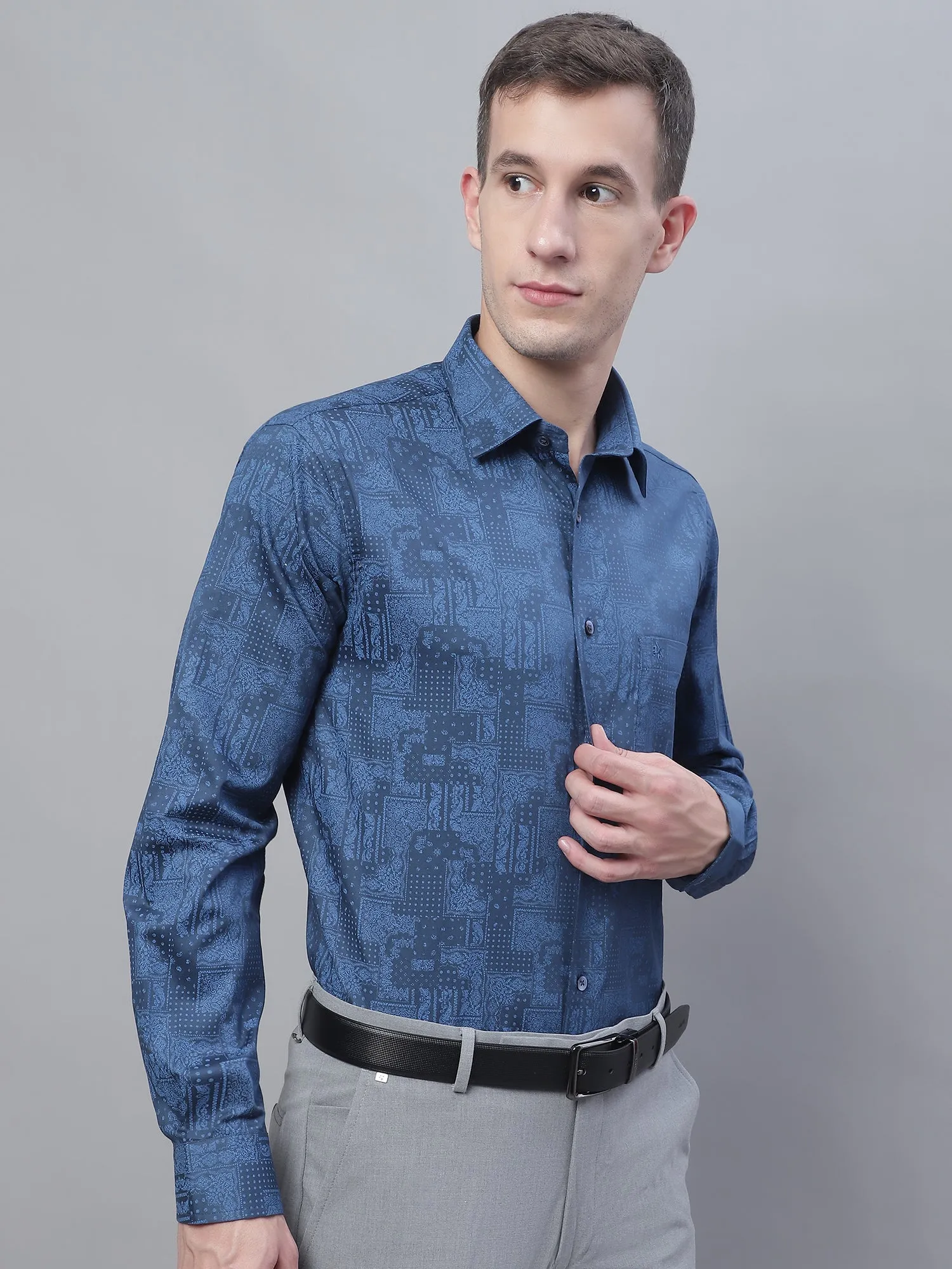 Men's Navy Blue Party Abstract Print Full Sleeve Shirt