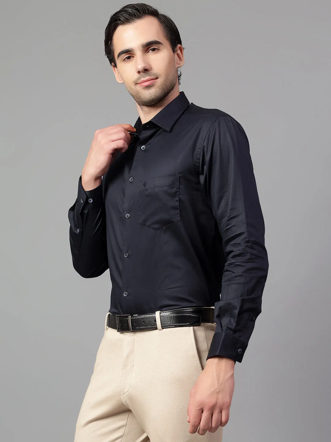 Men's Navy Blue Solid Full Sleeve Partywear Shirt