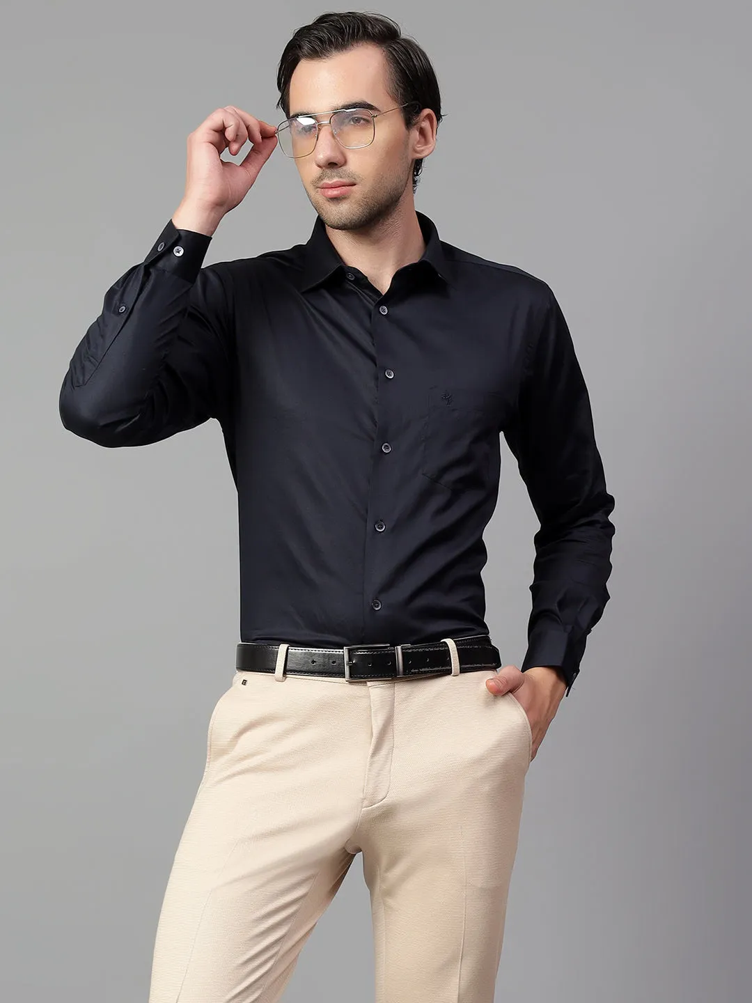 Men's Navy Blue Solid Full Sleeve Partywear Shirt