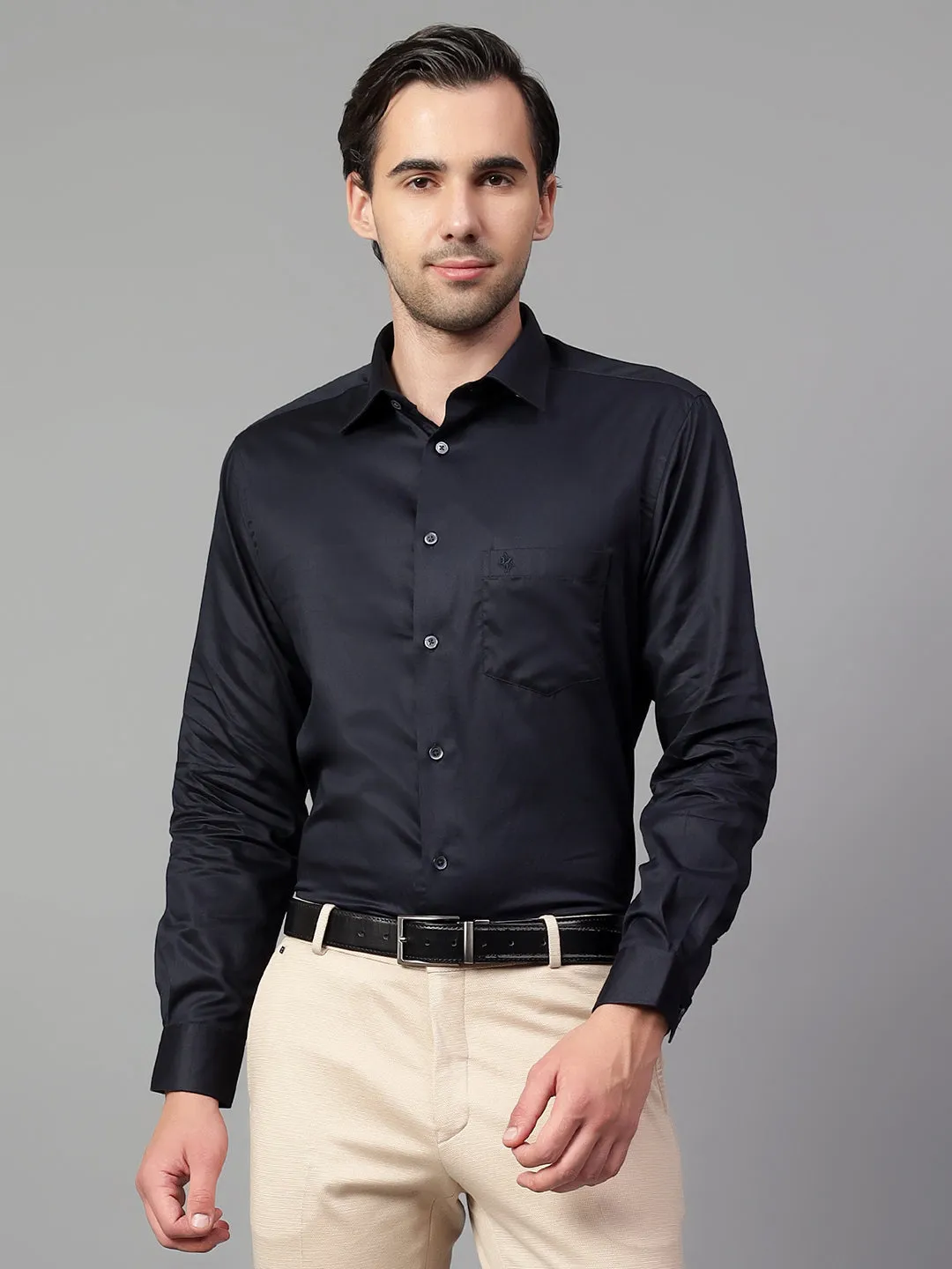 Men's Navy Blue Solid Full Sleeve Partywear Shirt