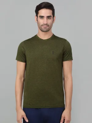 Men's Olive Green Melange Round neck Half Sleeve T-Shirt with chest print