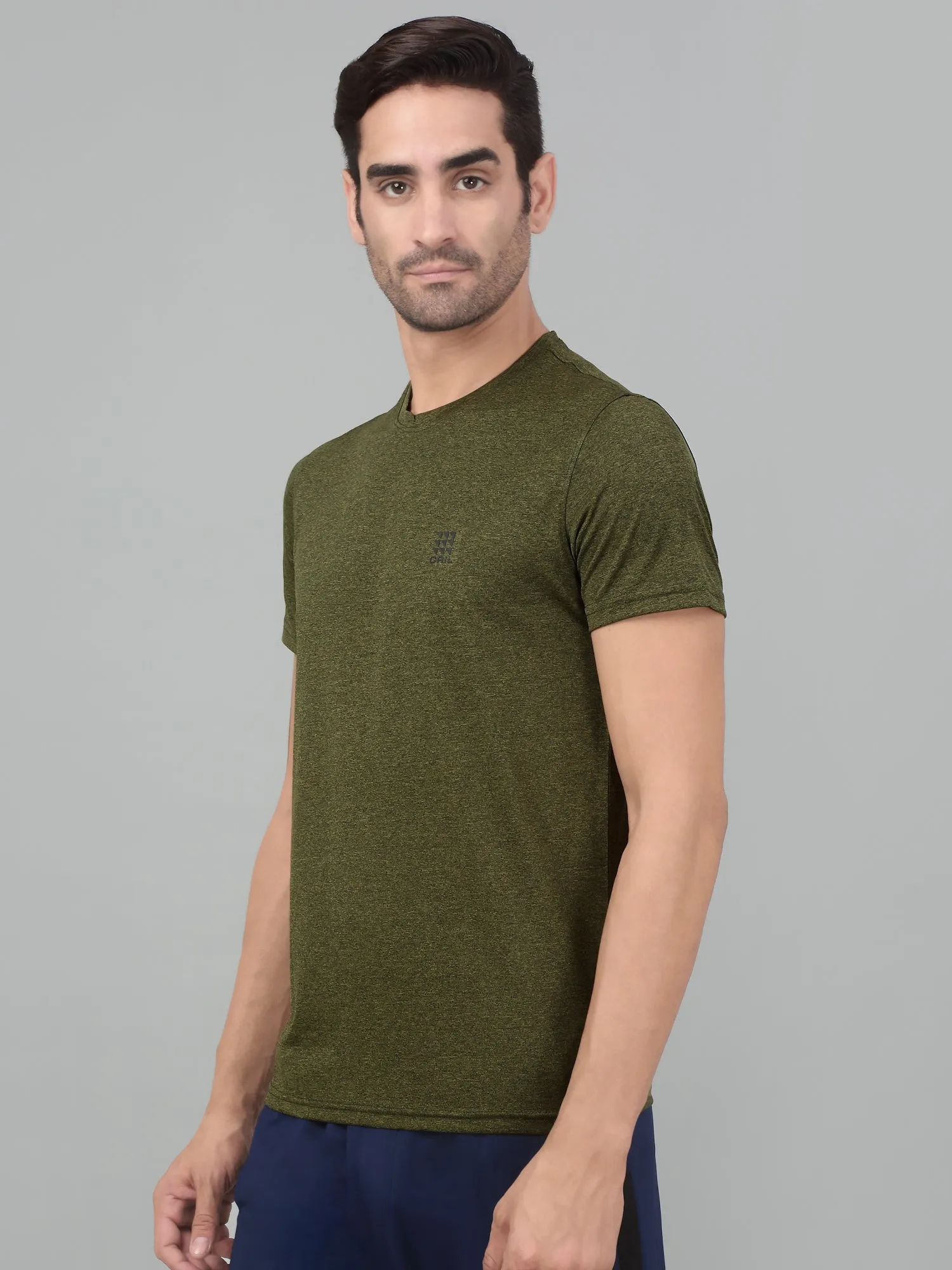 Men's Olive Green Melange Round neck Half Sleeve T-Shirt with chest print