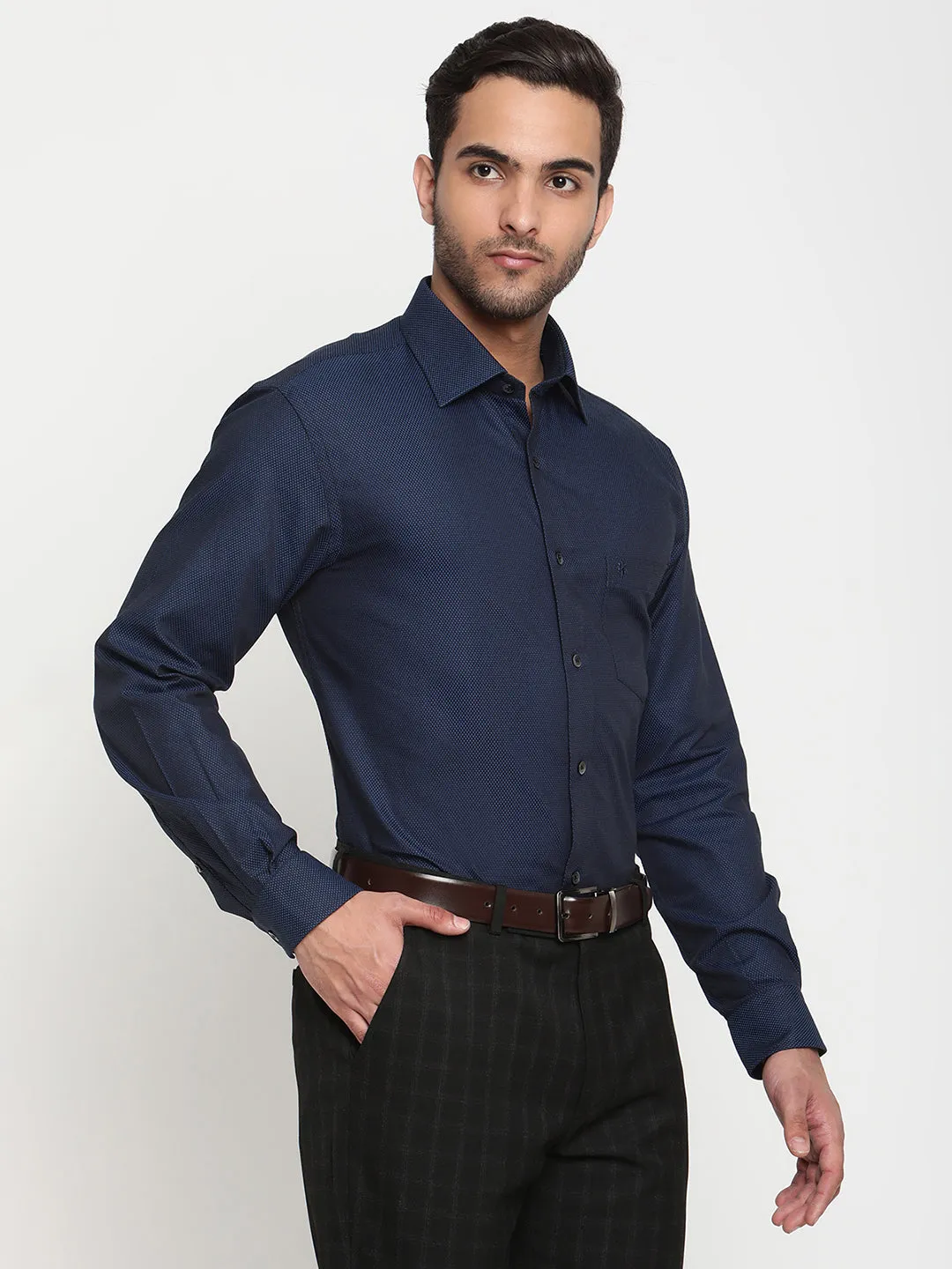 Men's Peacock Blue Party Self Textured Full Sleeve Shirt