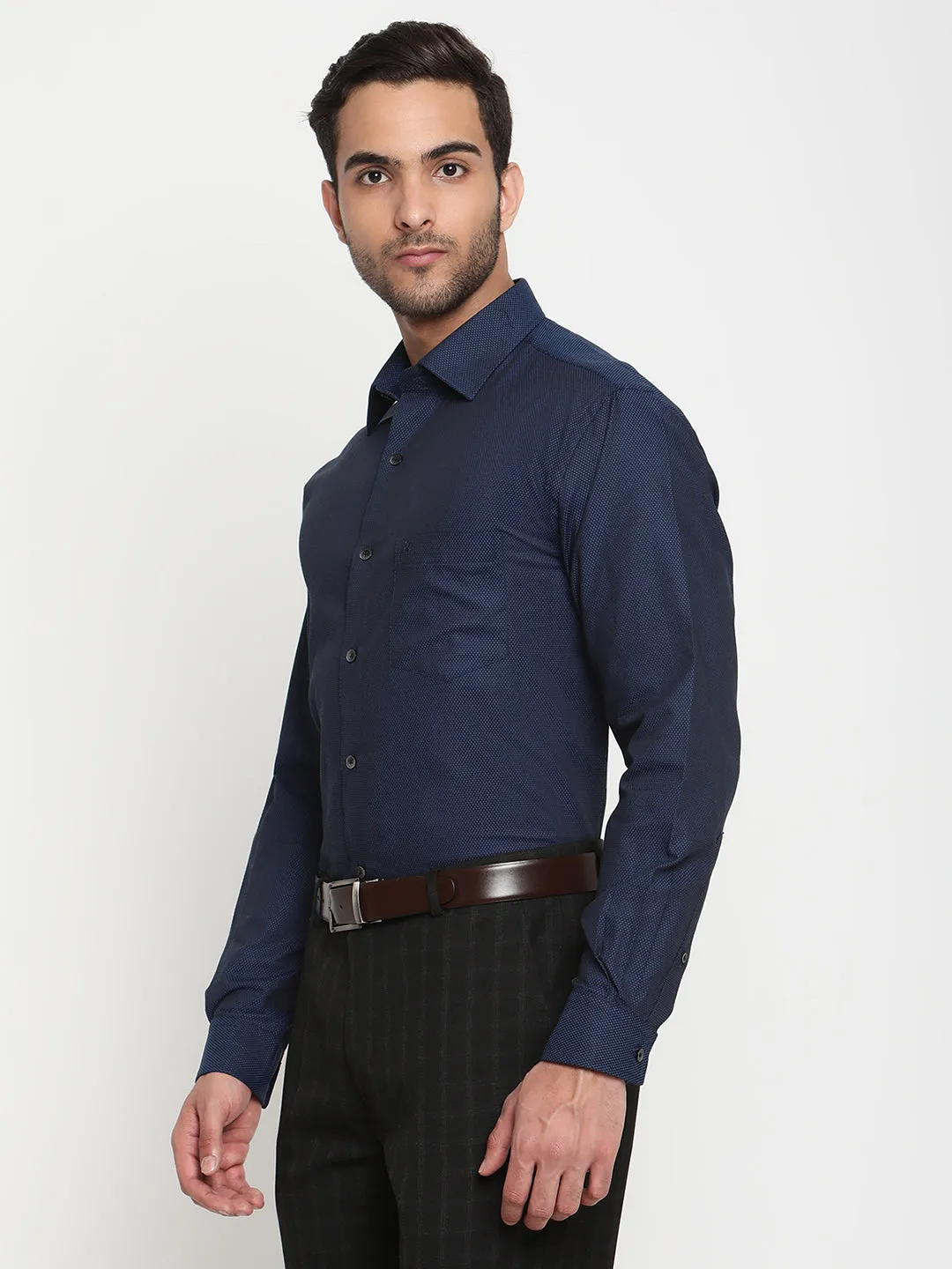 Men's Peacock Blue Party Self Textured Full Sleeve Shirt