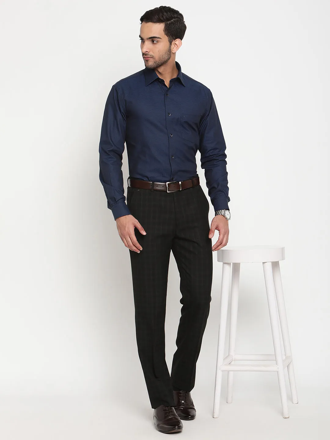 Men's Peacock Blue Party Self Textured Full Sleeve Shirt