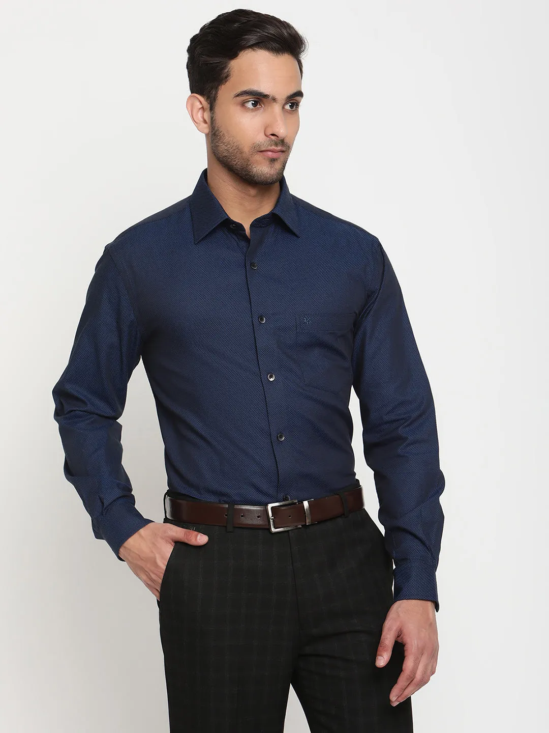 Men's Peacock Blue Party Self Textured Full Sleeve Shirt