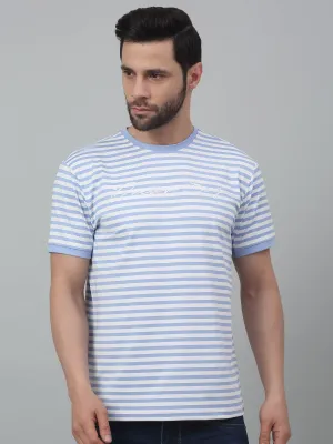 Men's Sky Blue Stripe Round neck Half Sleeve T-Shirt with Print