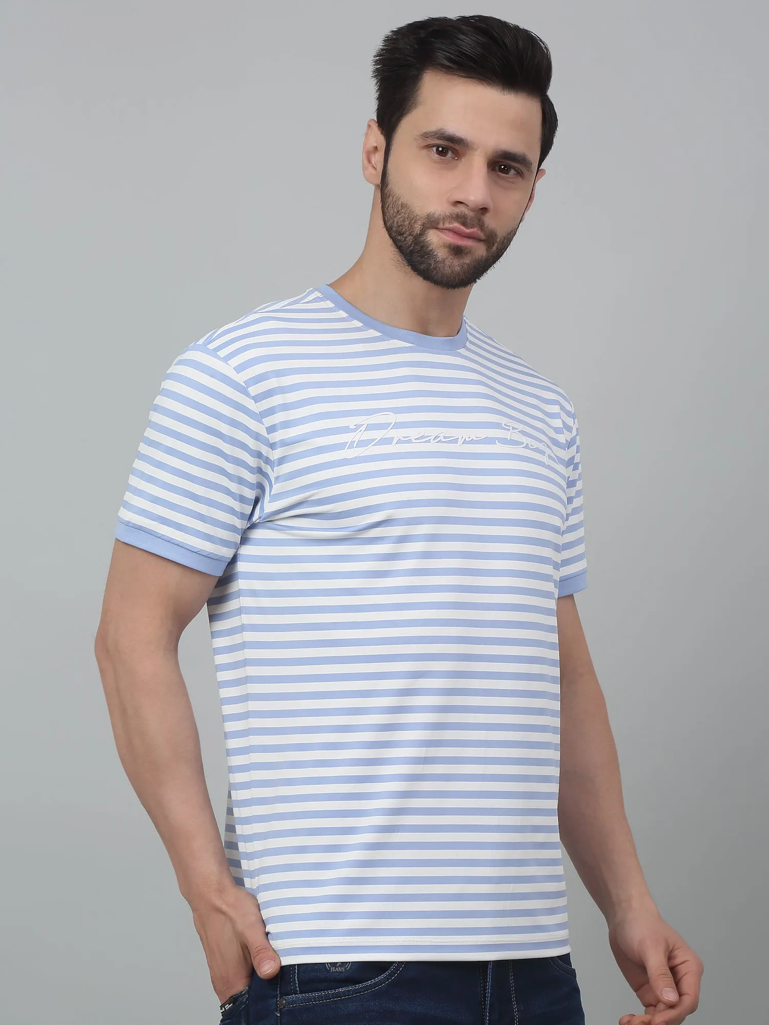 Men's Sky Blue Stripe Round neck Half Sleeve T-Shirt with Print