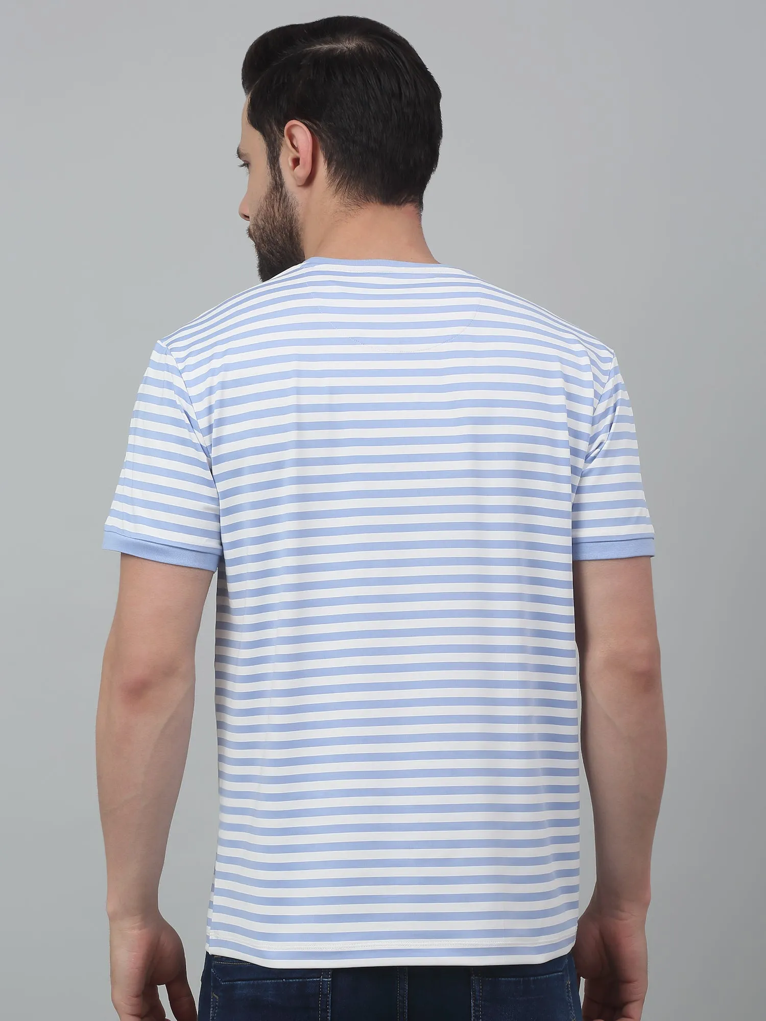 Men's Sky Blue Stripe Round neck Half Sleeve T-Shirt with Print