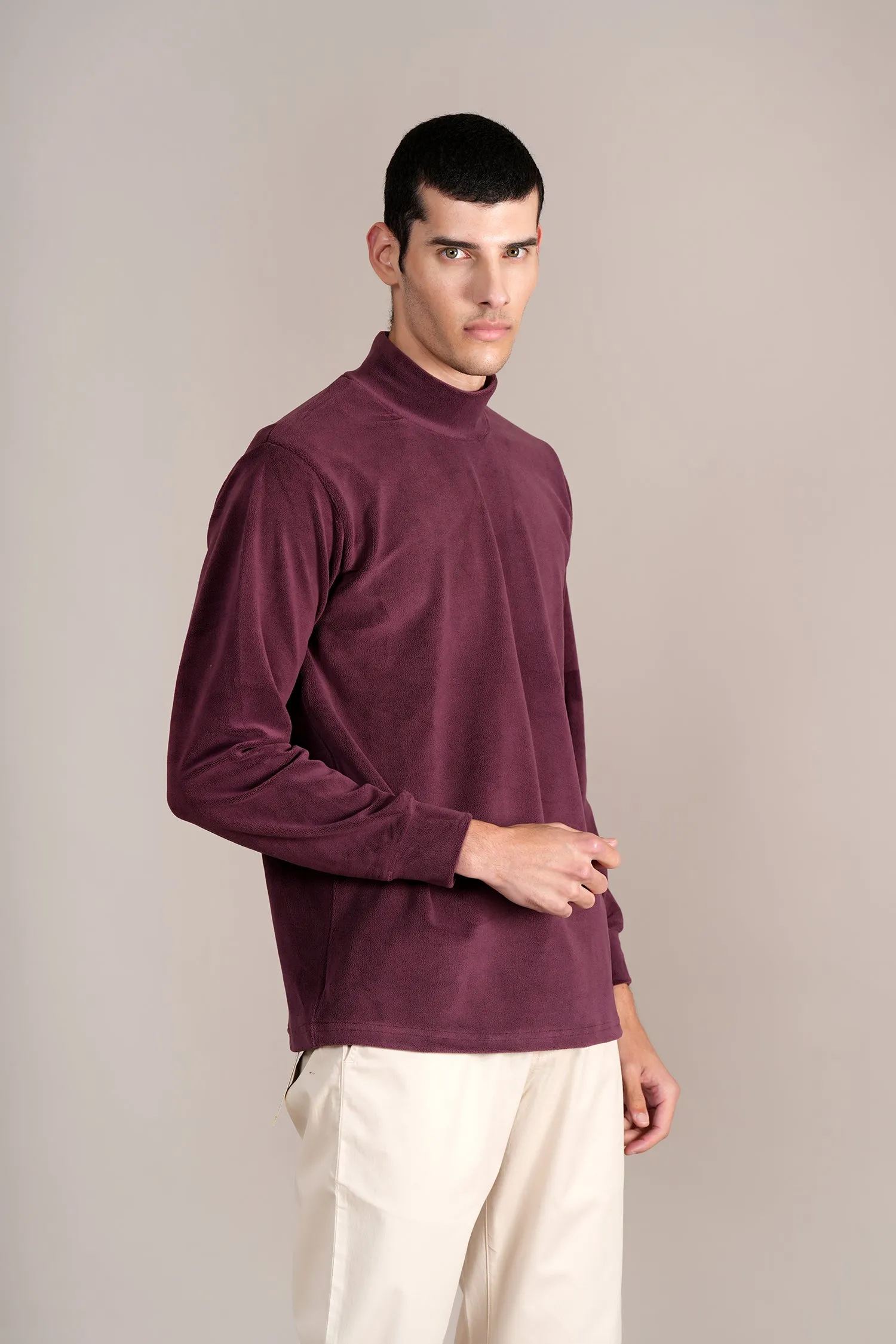 Men's Wine Solid Full Sleeves High Neck T-shirt