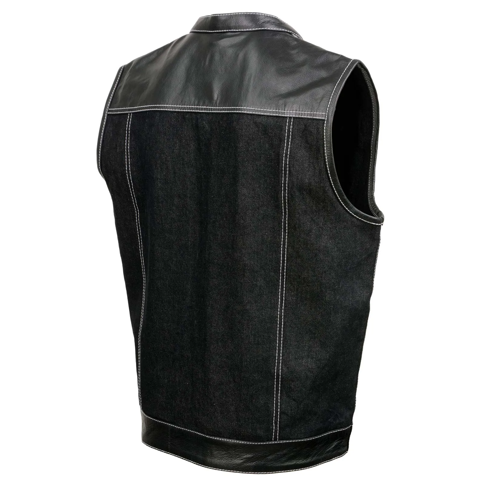 Milwaukee Leather MDM3006 Men's 'Brute' Black Denim and Black Leather Club Style Vest w/ Hidden Dual Closure