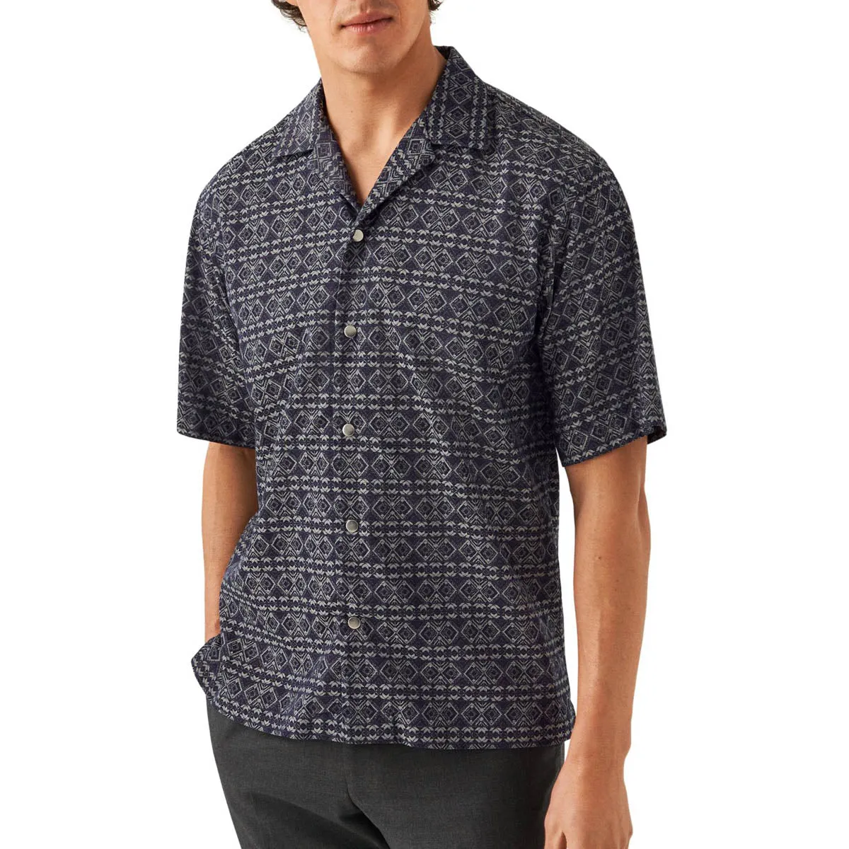 Navy Geometric Jacquard Denim Resort Shirt