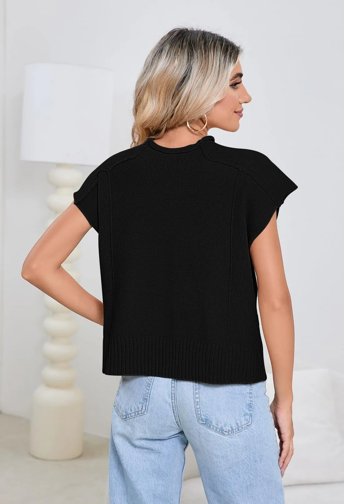 Pink Queen Sweater Vest for Women Cap Sleeve Sweater Tops Sleeveless Vest Summer Tops 2024 Clothes Oversized Tank Tops Trendy T Shirts Black M